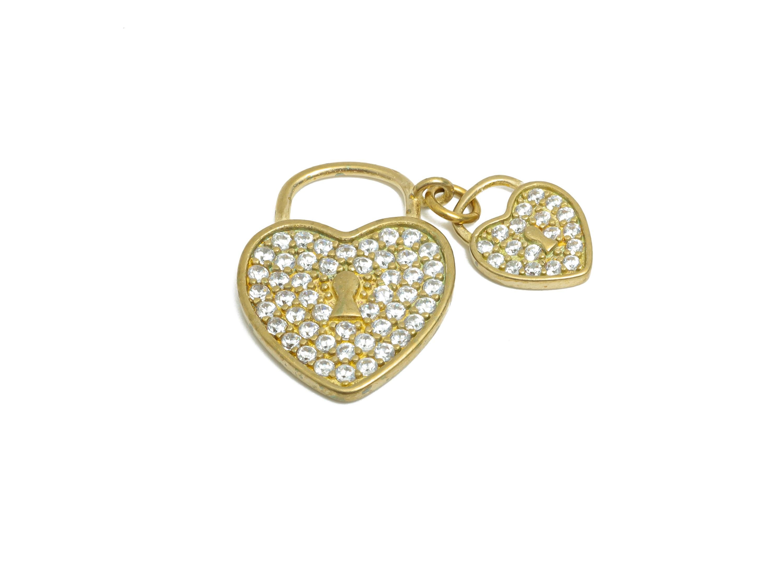 Love Lock Pendant Charm - Raw Brass Sparkling Heart Pendant - CZ Couple&#39;s Jewelry Charm - Romantic Crystal Lock Charm - 19x23x2mm - PP11055 - DOMEDBAZAAR