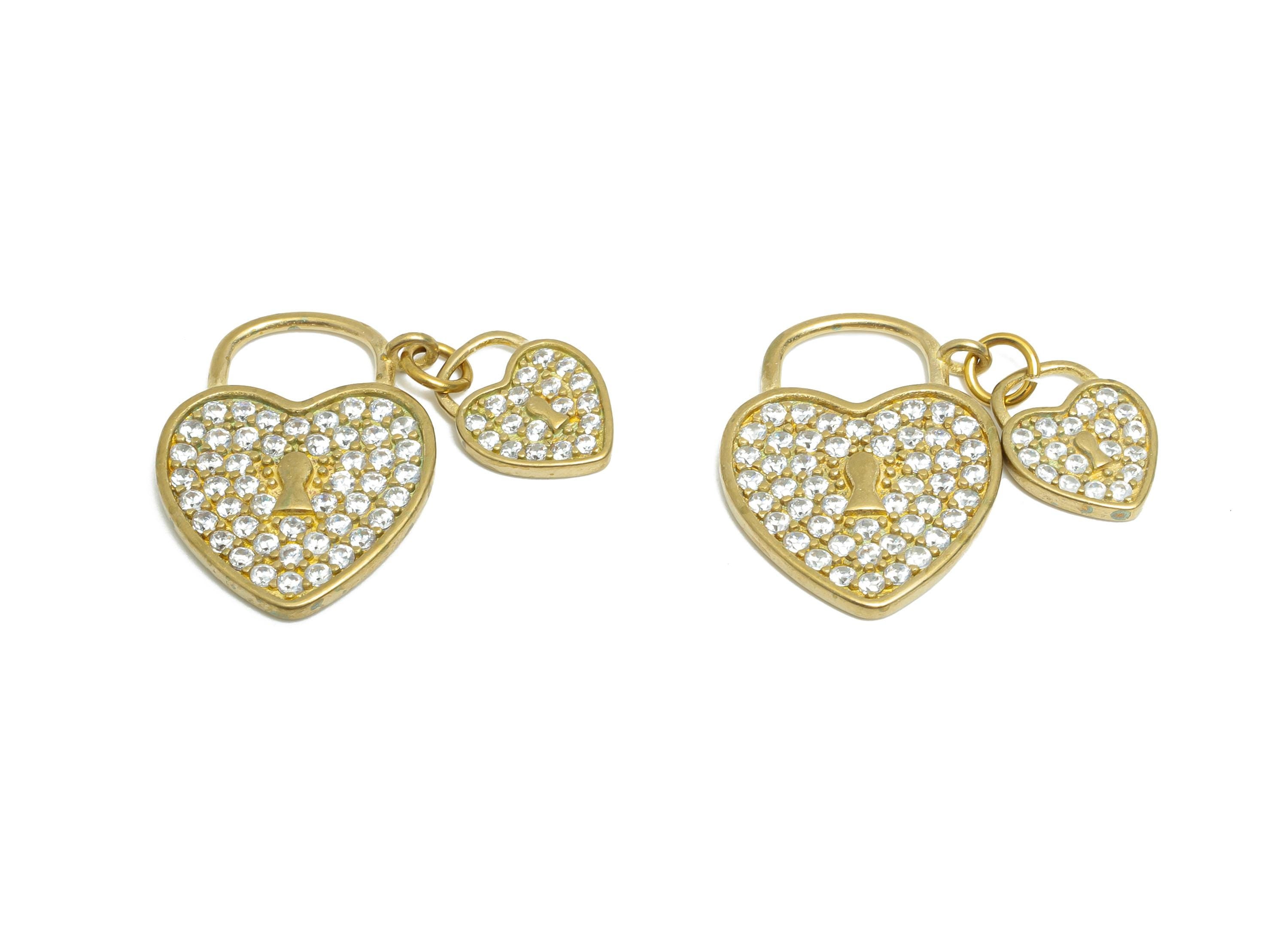 Love Lock Pendant Charm - Raw Brass Sparkling Heart Pendant - CZ Couple&#39;s Jewelry Charm - Romantic Crystal Lock Charm - 19x23x2mm - PP11055 - DOMEDBAZAAR