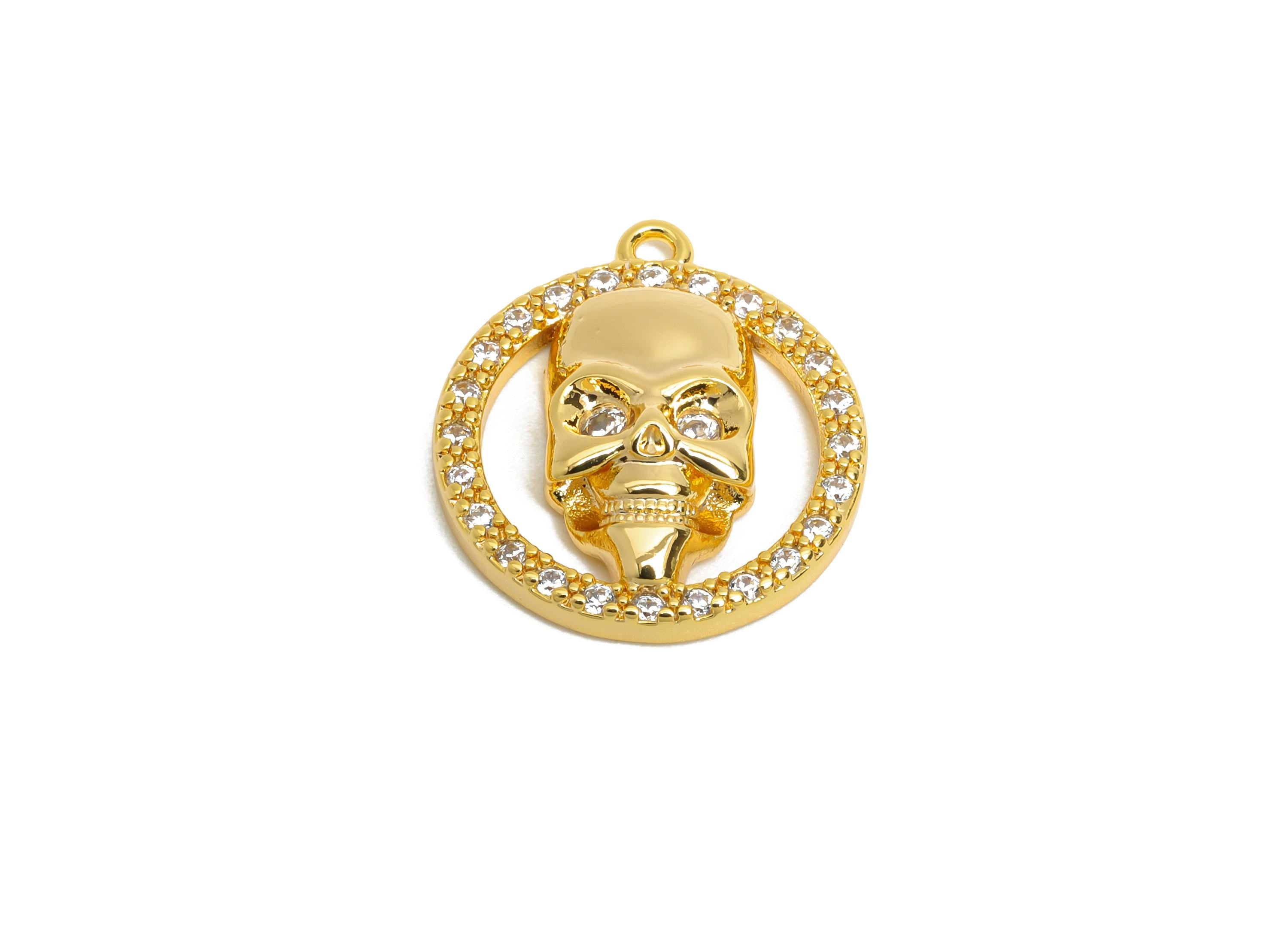 Spooky Skull Charm - Brass Sparkling Heart Pendant - Vintage Gothic Charm - Rocker Style Pendant - 18k Real Gold Plated - 19x23x2mm-RGP10396 - DOMEDBAZAAR