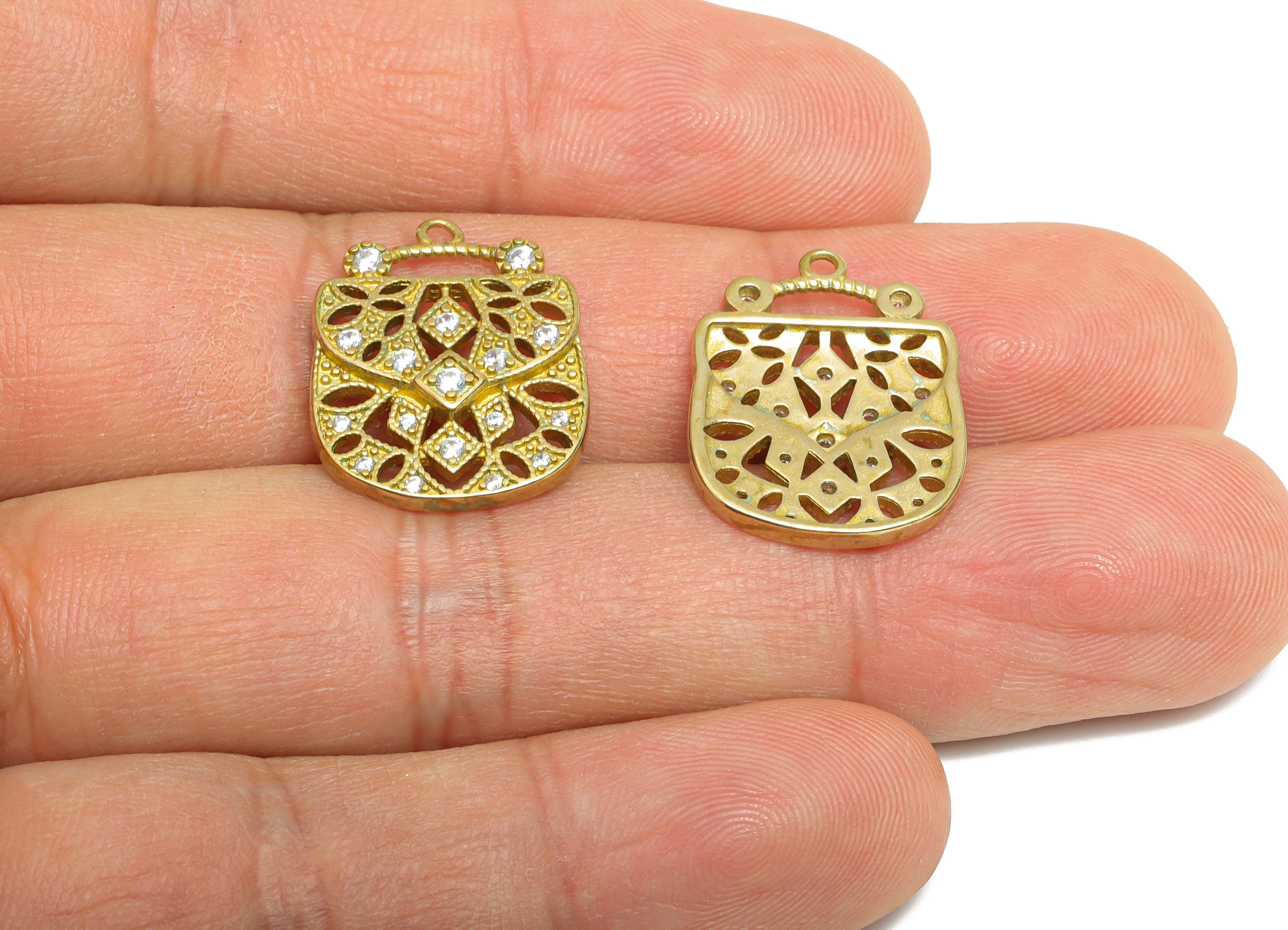 Brass Handbag Charm - Raw Brass Textured Zircon Hollow Elegant Bag Pendant - Brass Fashionable Charm for Accessories - 20x16x2mm - PP11053 - DOMEDBAZAAR