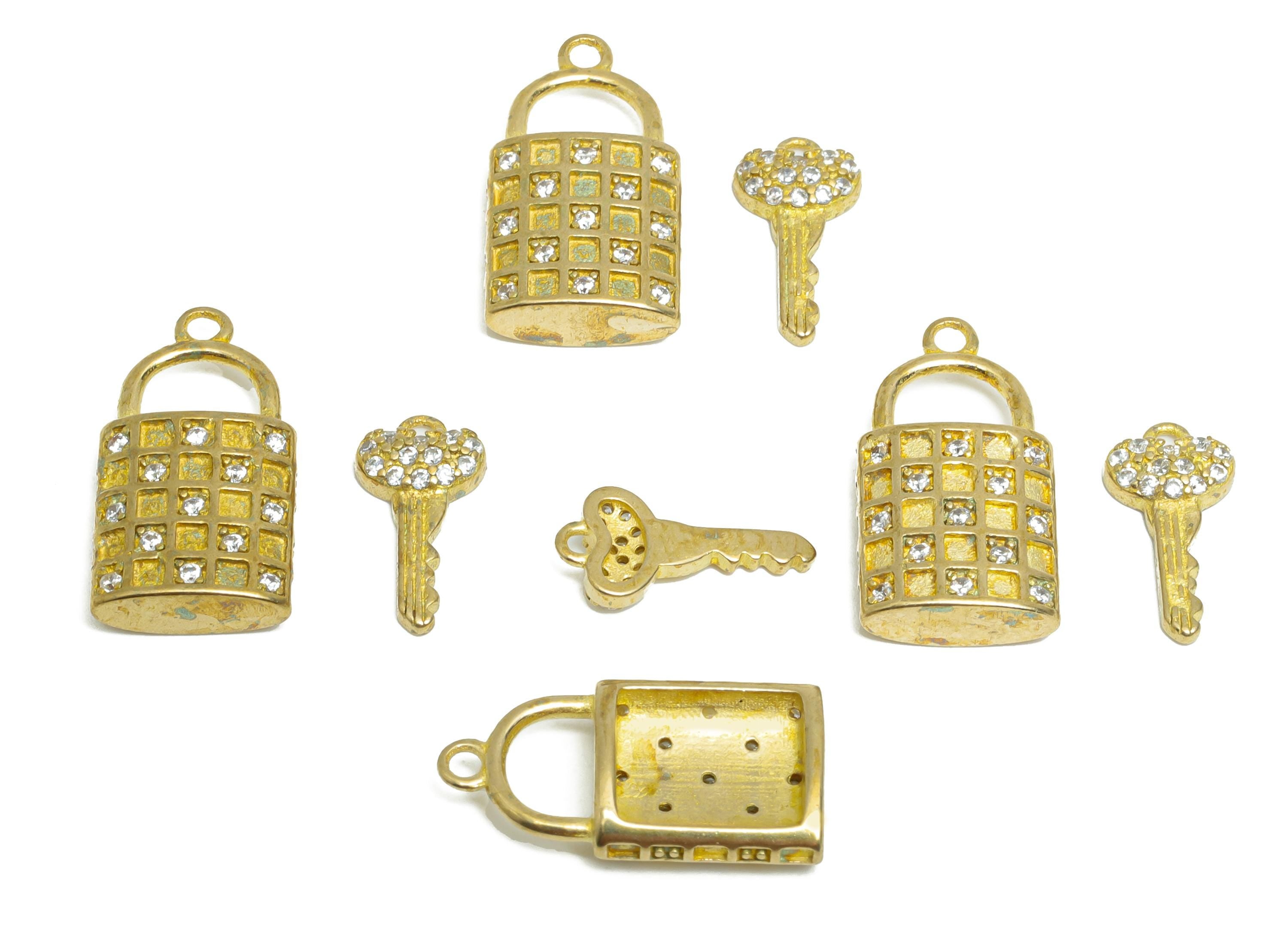 Lock and Key Charm Set - Raw Brass Sparkling Pendant - Decorative Lock and Key Jewelry - Jewelry for Love and Trust - 18x9.6x3mm - PP11065 - DOMEDBAZAAR