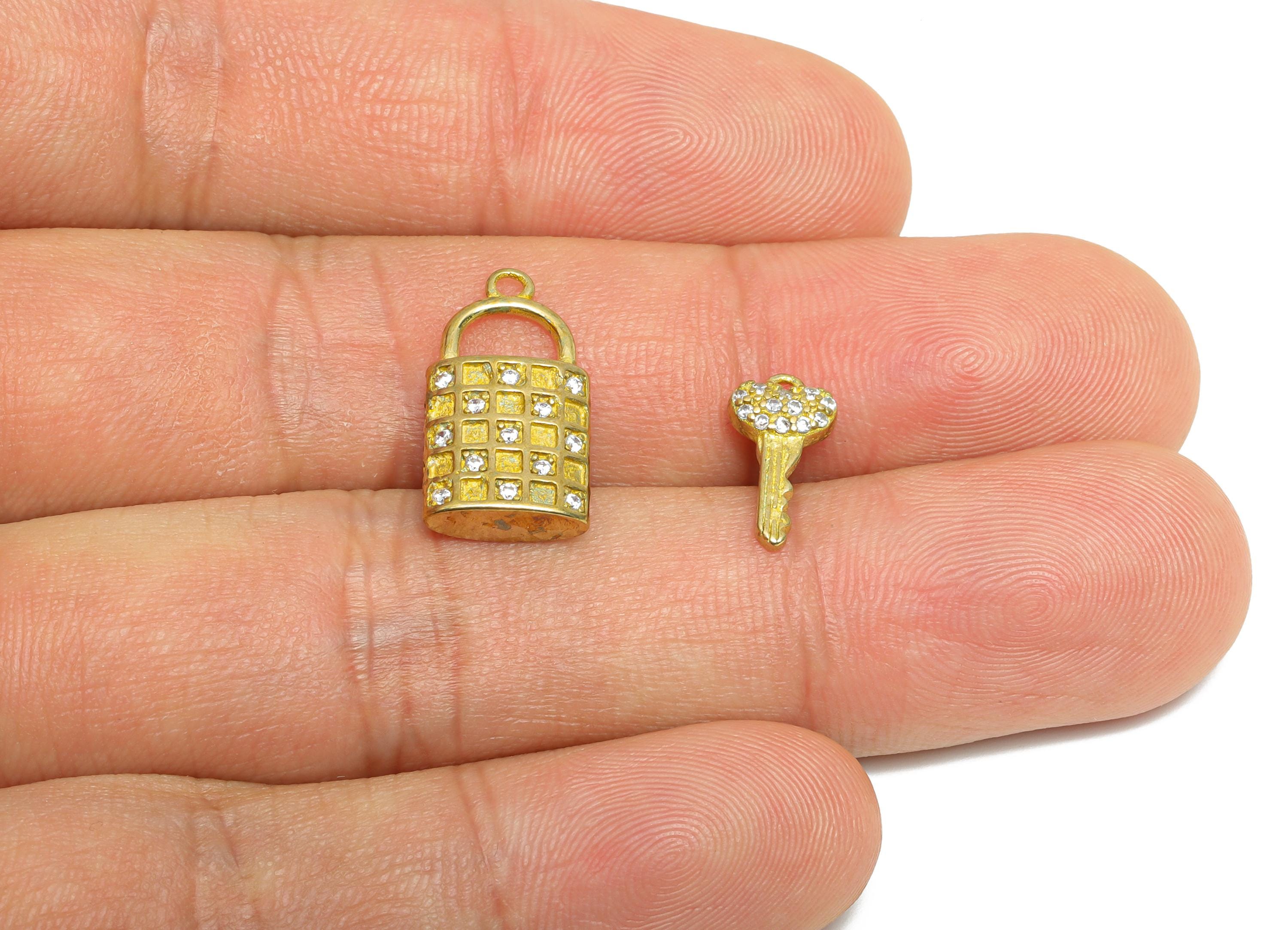 Lock and Key Charm Set - Raw Brass Sparkling Pendant - Decorative Lock and Key Jewelry - Jewelry for Love and Trust - 18x9.6x3mm - PP11065 - DOMEDBAZAAR