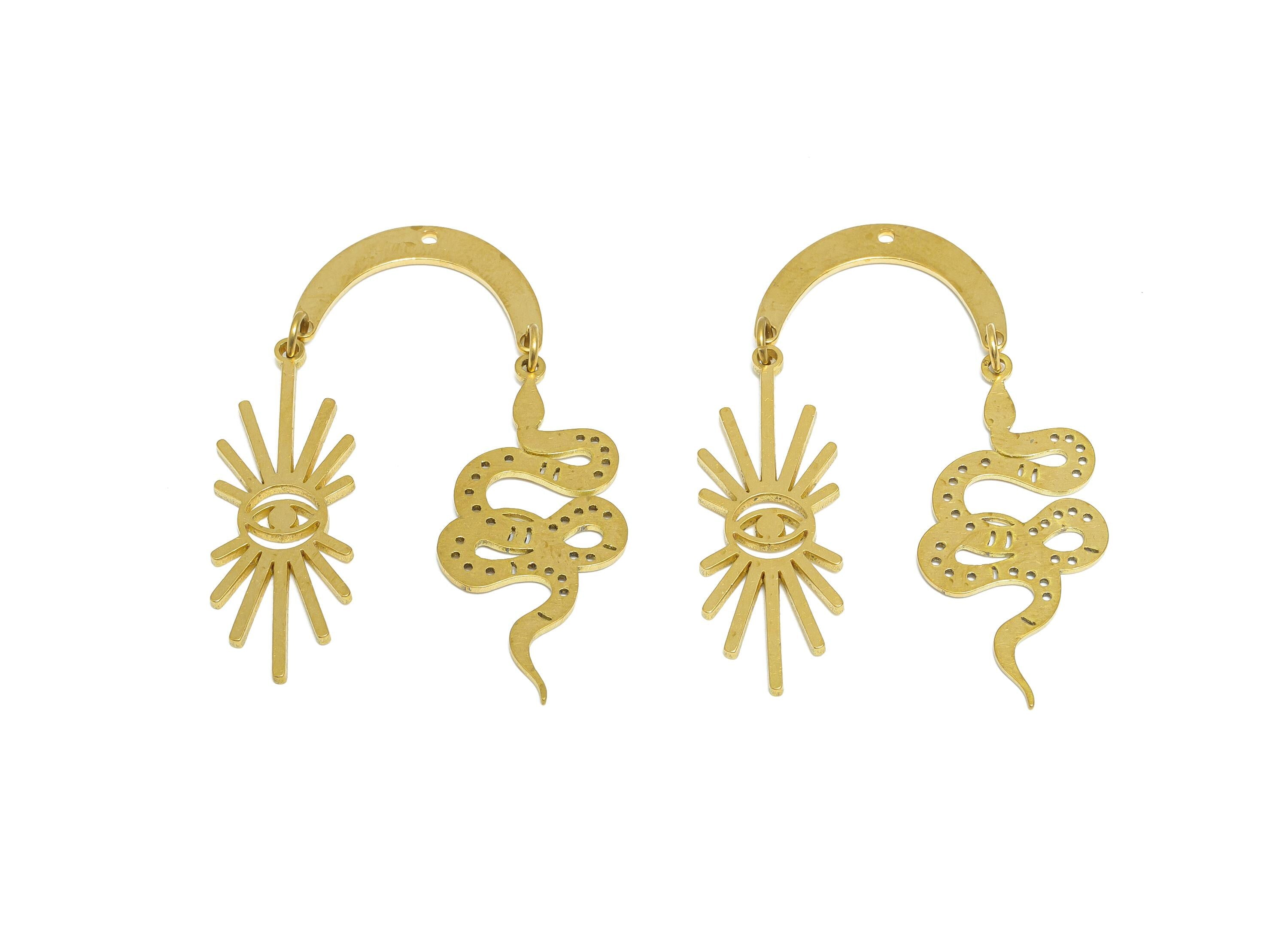 Snake Earring Dangle Charm - Raw Brass Illuminating Sunburst Eye Charm - Celestial Serpent Symbol - All See Eye Amulet - 44x19x1mm - PP11073 - DOMEDBAZAAR