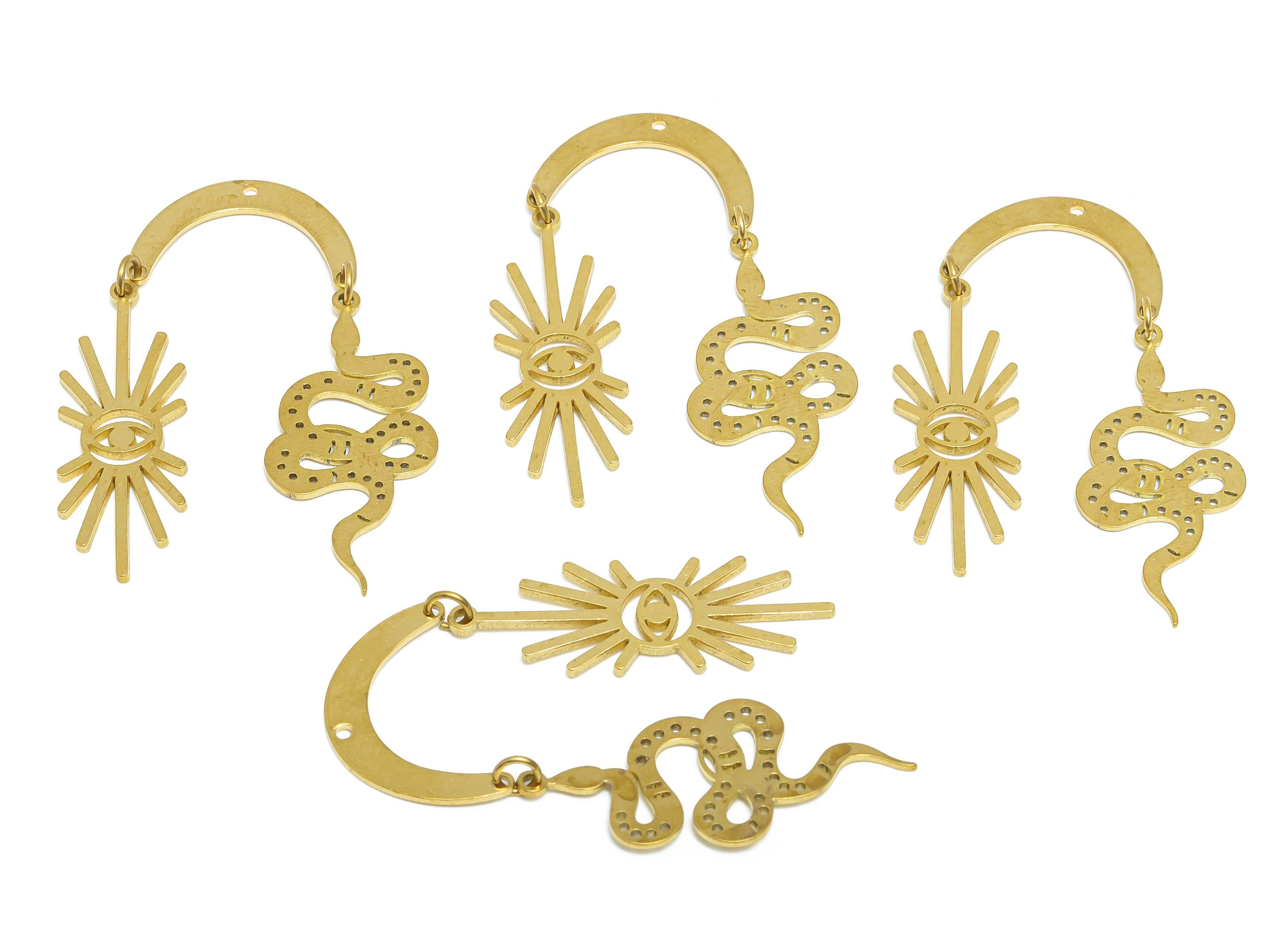 Snake Earring Dangle Charm - Raw Brass Illuminating Sunburst Eye Charm - Celestial Serpent Symbol - All See Eye Amulet - 44x19x1mm - PP11073 - DOMEDBAZAAR