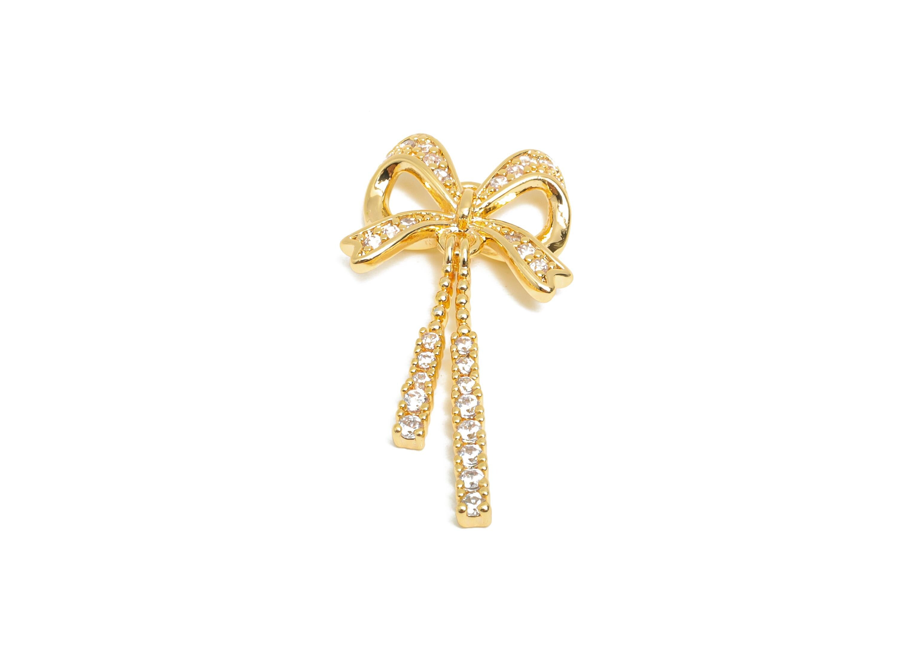 Rhinestone Bow Jewelry - Brass Dangle Bow Charm - Sparkling Bow Tie Dangling Crystal - Luxury Bow - 18k Real Gold Plated -27x13x3mm-RGP10405 - DOMEDBAZAAR