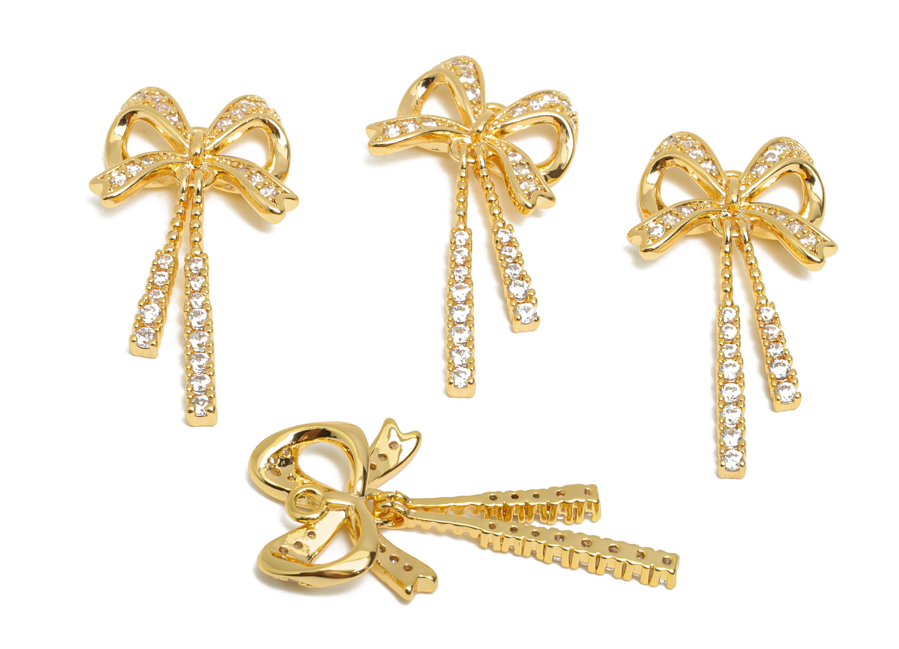 Rhinestone Bow Jewelry - Brass Dangle Bow Charm - Sparkling Bow Tie Dangling Crystal - Luxury Bow - 18k Real Gold Plated -27x13x3mm-RGP10405 - DOMEDBAZAAR