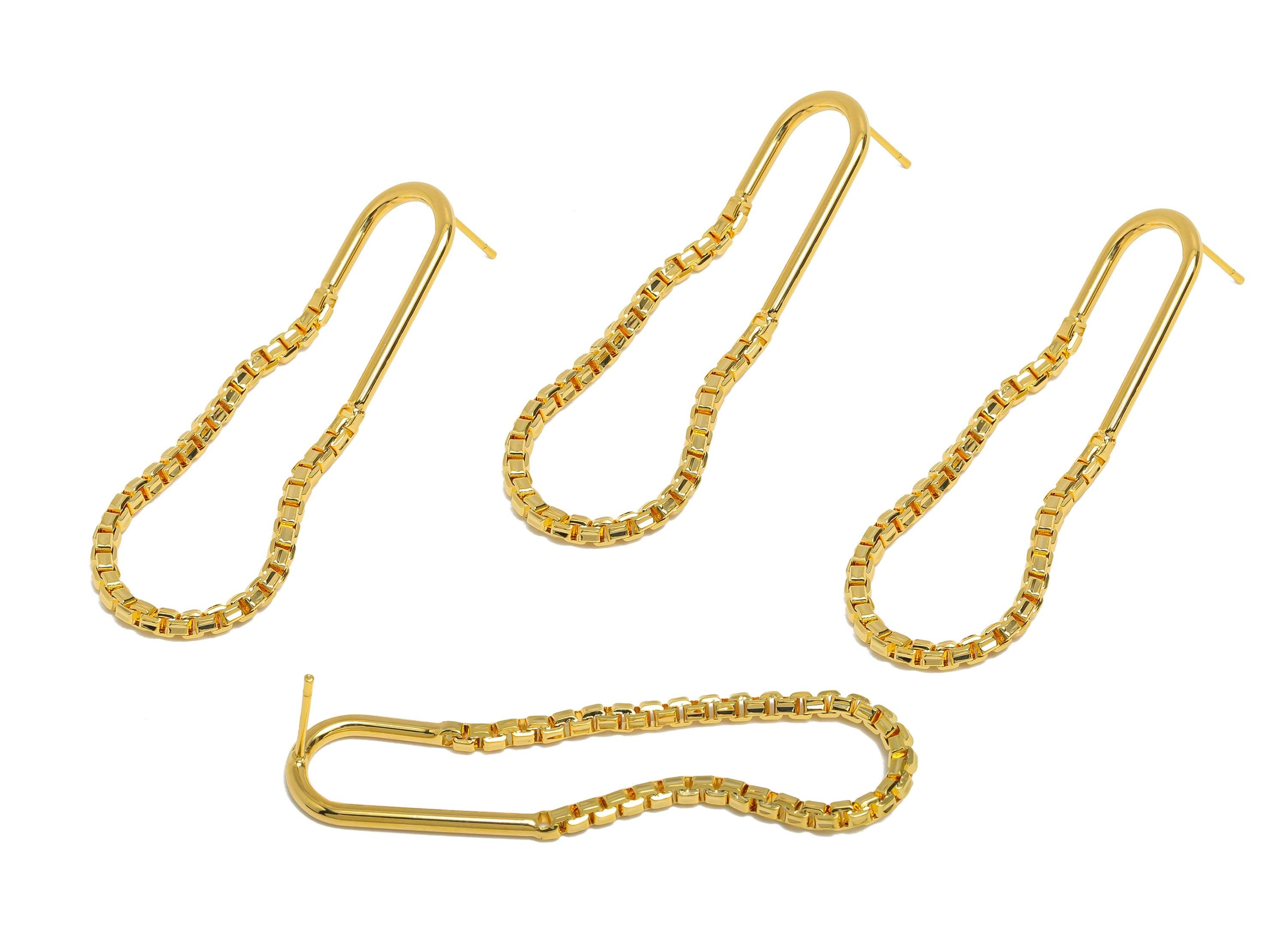 Brass Hanging Earring Stud - Gold Box Chain Earring Post - Geometric Long Dangle Earring Post - 18K Real Gold Plated - 57x13.2x2mm - RGP9505 - DOMEDBAZAAR