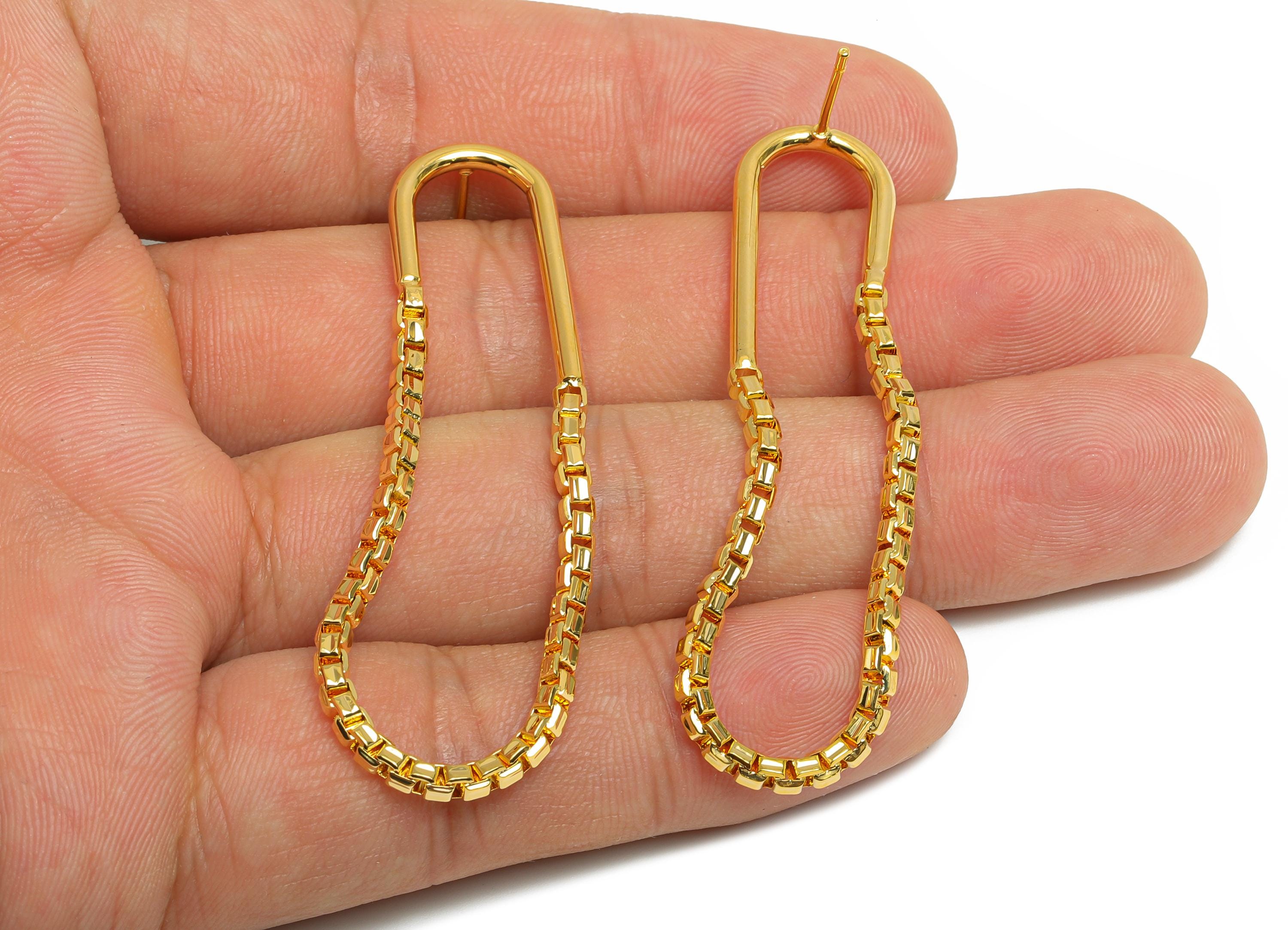 Brass Hanging Earring Stud - Gold Box Chain Earring Post - Geometric Long Dangle Earring Post - 18K Real Gold Plated - 57x13.2x2mm - RGP9505 - DOMEDBAZAAR