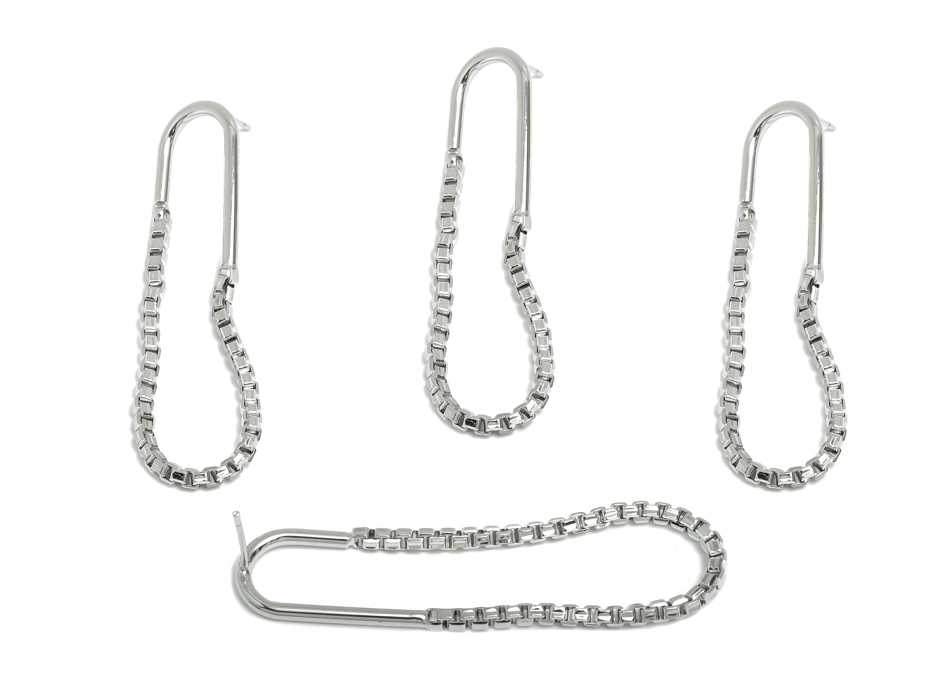Brass Hanging Earring Stud - Silver Box Chain Earring Post - Geometric Dangle Earrings Post - 18K White Gold Plated - 57x13.2x2mm - RGP9505S - DOMEDBAZAAR