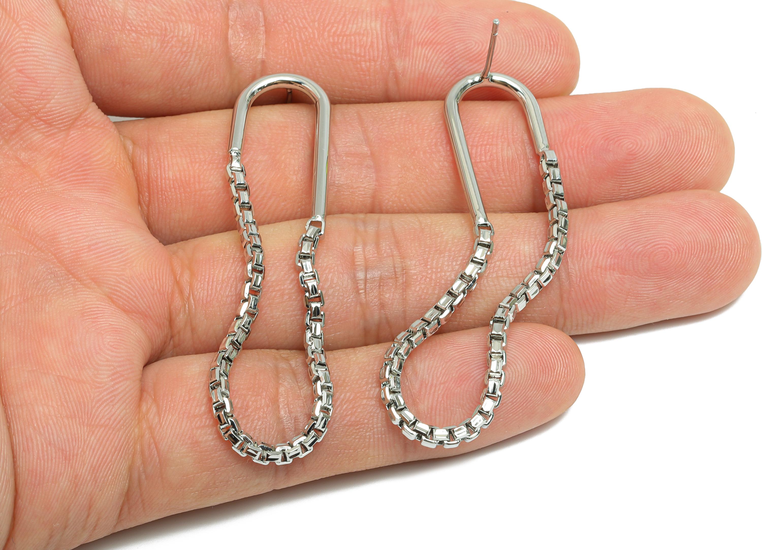 Brass Hanging Earring Stud - Silver Box Chain Earring Post - Geometric Dangle Earrings Post - 18K White Gold Plated - 57x13.2x2mm - RGP9505S - DOMEDBAZAAR