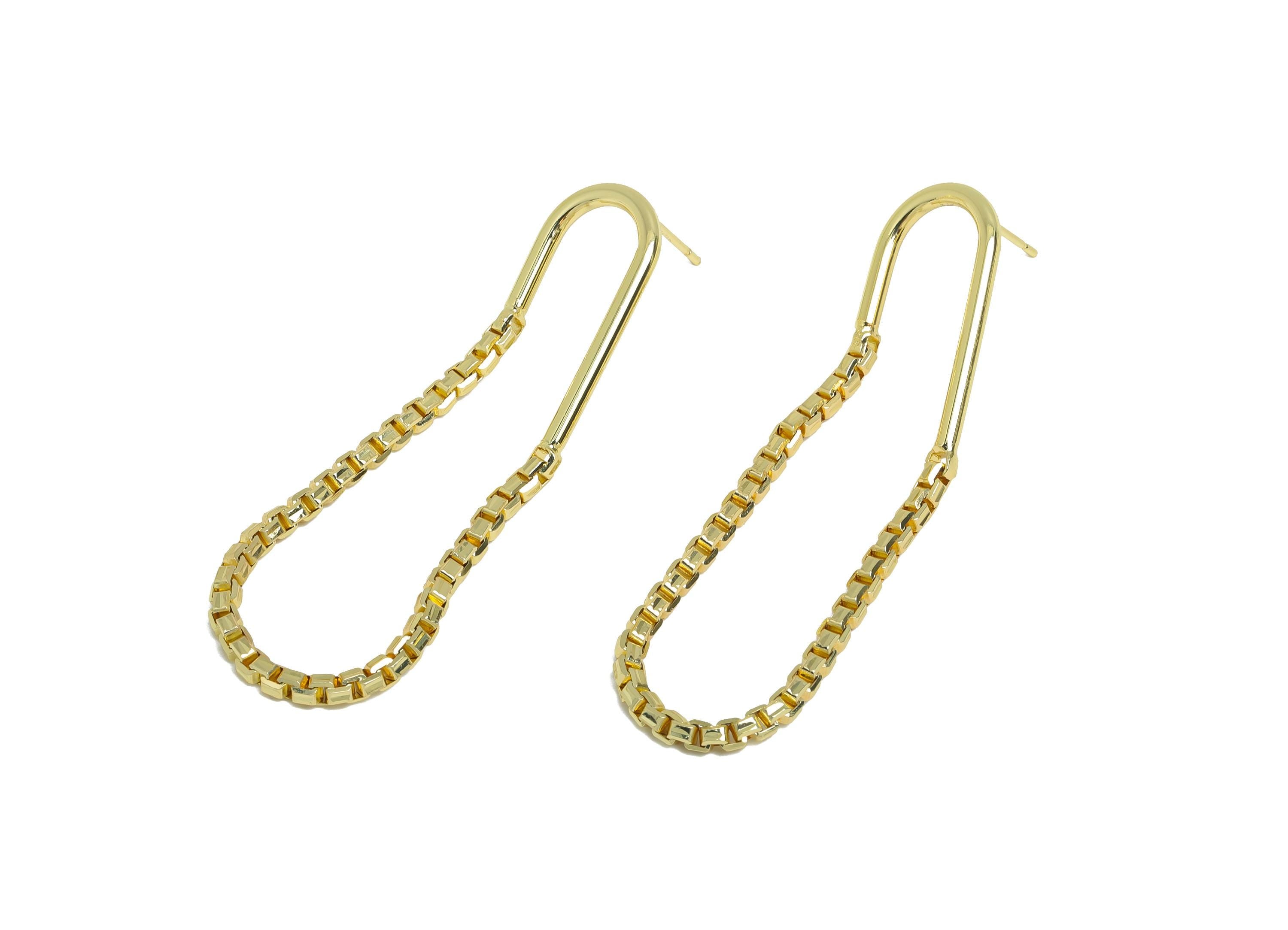 Brass Hanging Earring Stud - Gold Box Chain Earring Post - Geometric Dangle Earring Post - 14K Real Gold Plated - 57x13.2x2mm - RGP9505-14 - DOMEDBAZAAR