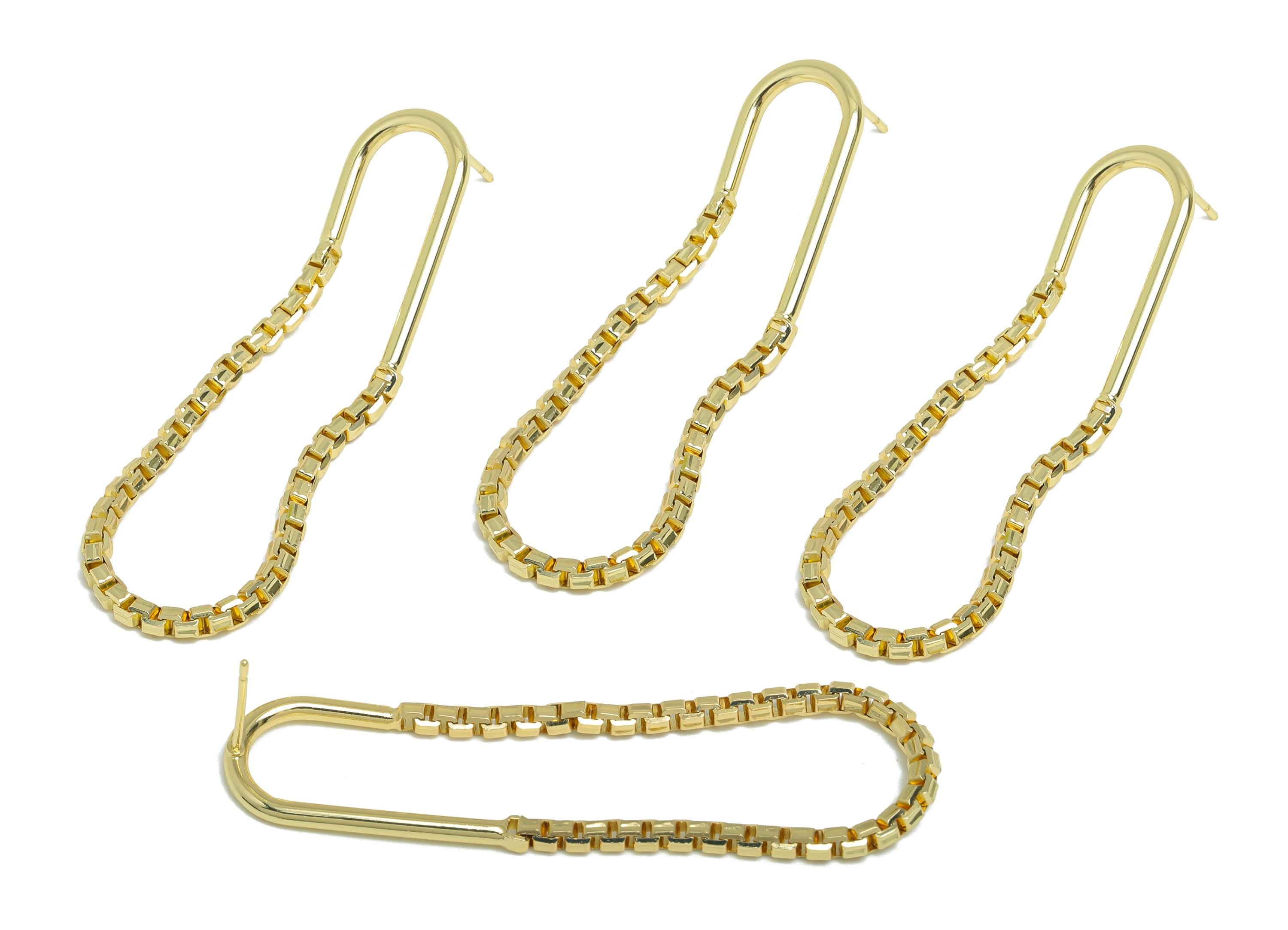 Brass Hanging Earring Stud - Gold Box Chain Earring Post - Geometric Dangle Earring Post - 14K Real Gold Plated - 57x13.2x2mm - RGP9505-14 - DOMEDBAZAAR