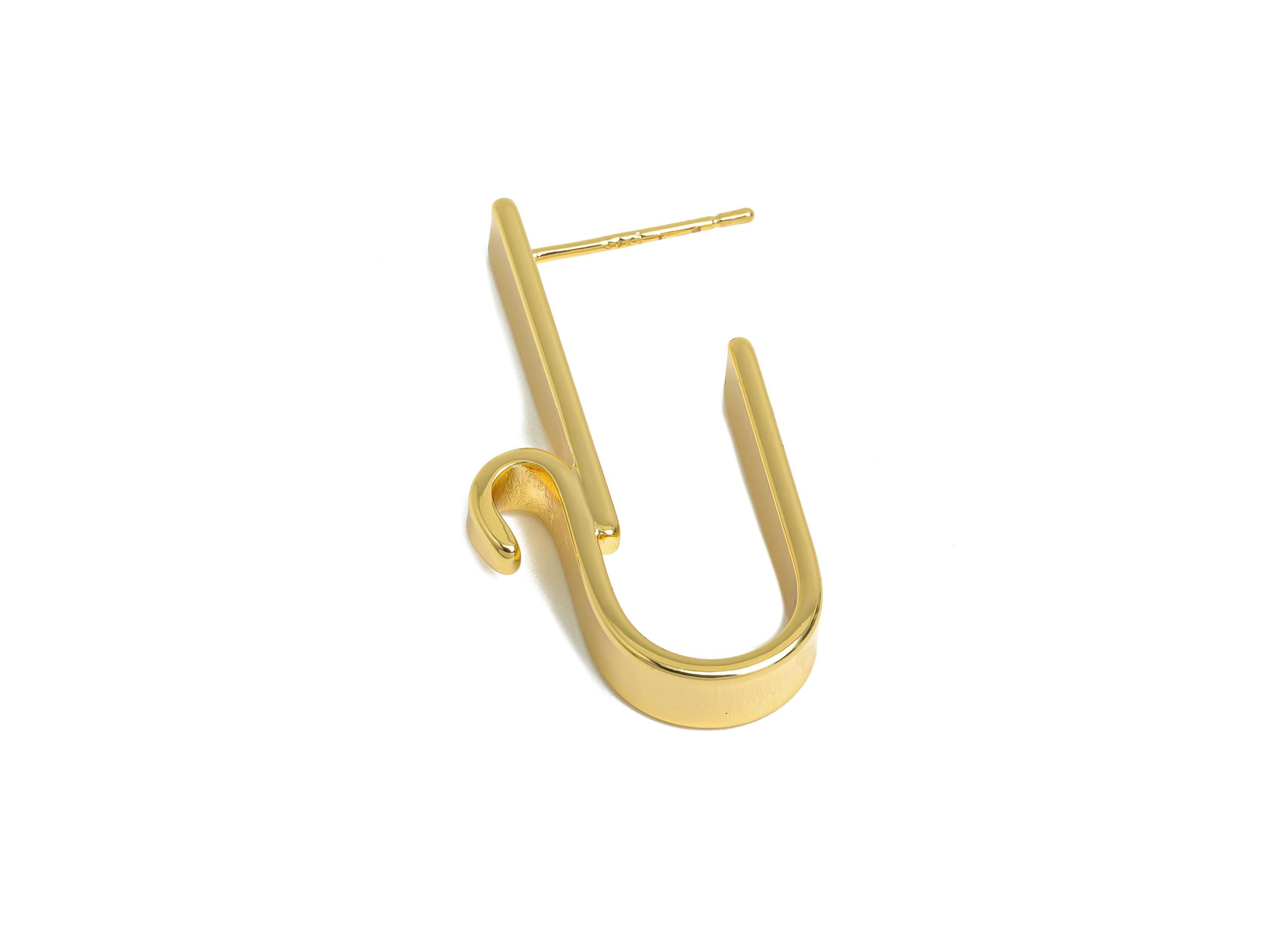 Brass Curved Hook Earring - Gold Bold Hook Earring Stud - Abstract U-Shaped Earring - 18K Real Gold Plating Brass - 30.6x15.5x5mm - RGP9523 - DOMEDBAZAAR