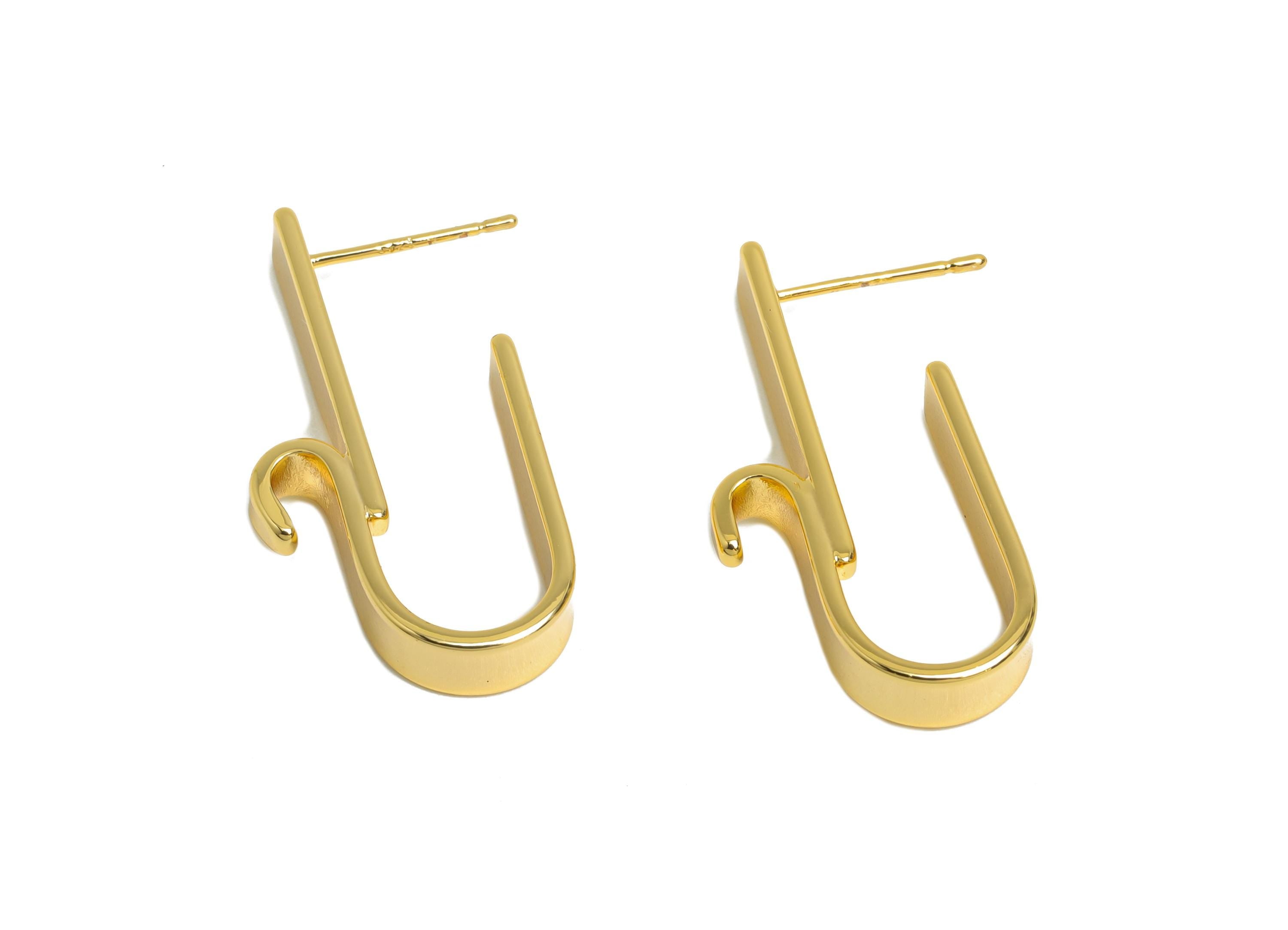 Brass Curved Hook Earring - Gold Bold Hook Earring Stud - Abstract U-Shaped Earring - 18K Real Gold Plating Brass - 30.6x15.5x5mm - RGP9523 - DOMEDBAZAAR