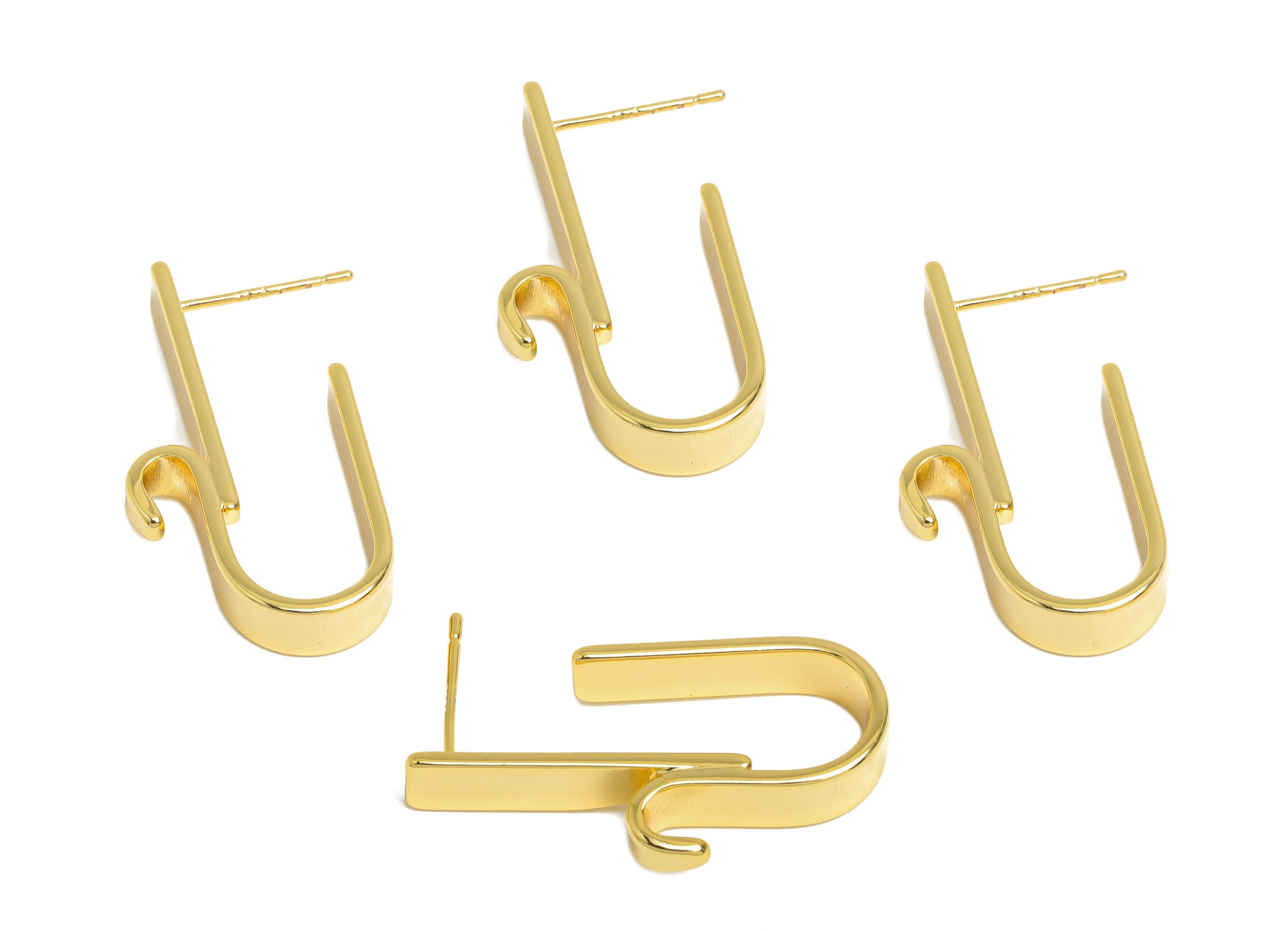 Brass Curved Hook Earring - Gold Bold Hook Earring Stud - Abstract U-Shaped Earring - 18K Real Gold Plating Brass - 30.6x15.5x5mm - RGP9523 - DOMEDBAZAAR
