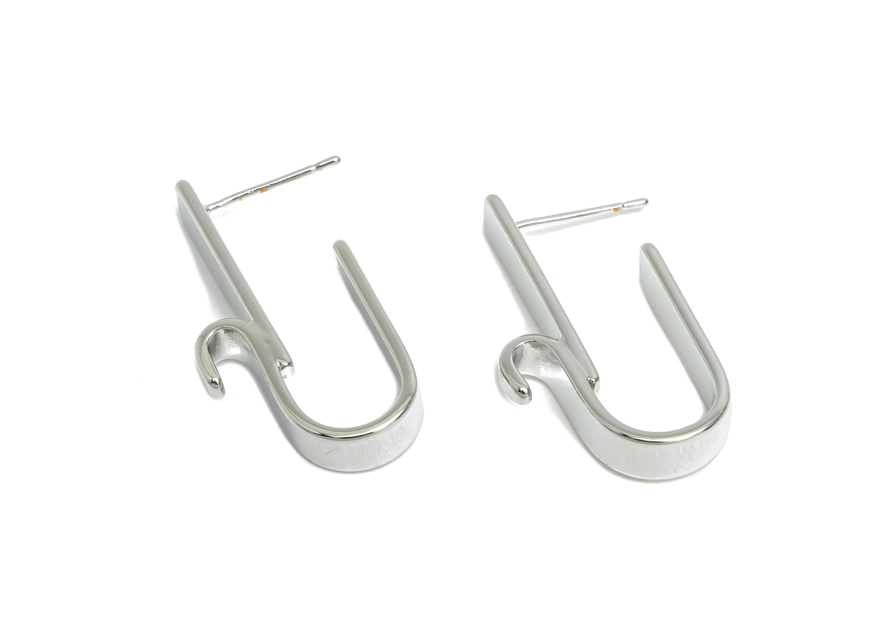 Brass Curved Hook Earring - Silver Bold Hook Earring Stud - Abstract U-Shaped Earring - 18K Real White Gold Plated -30.6x15.5x5mm - RGP9523S - DOMEDBAZAAR