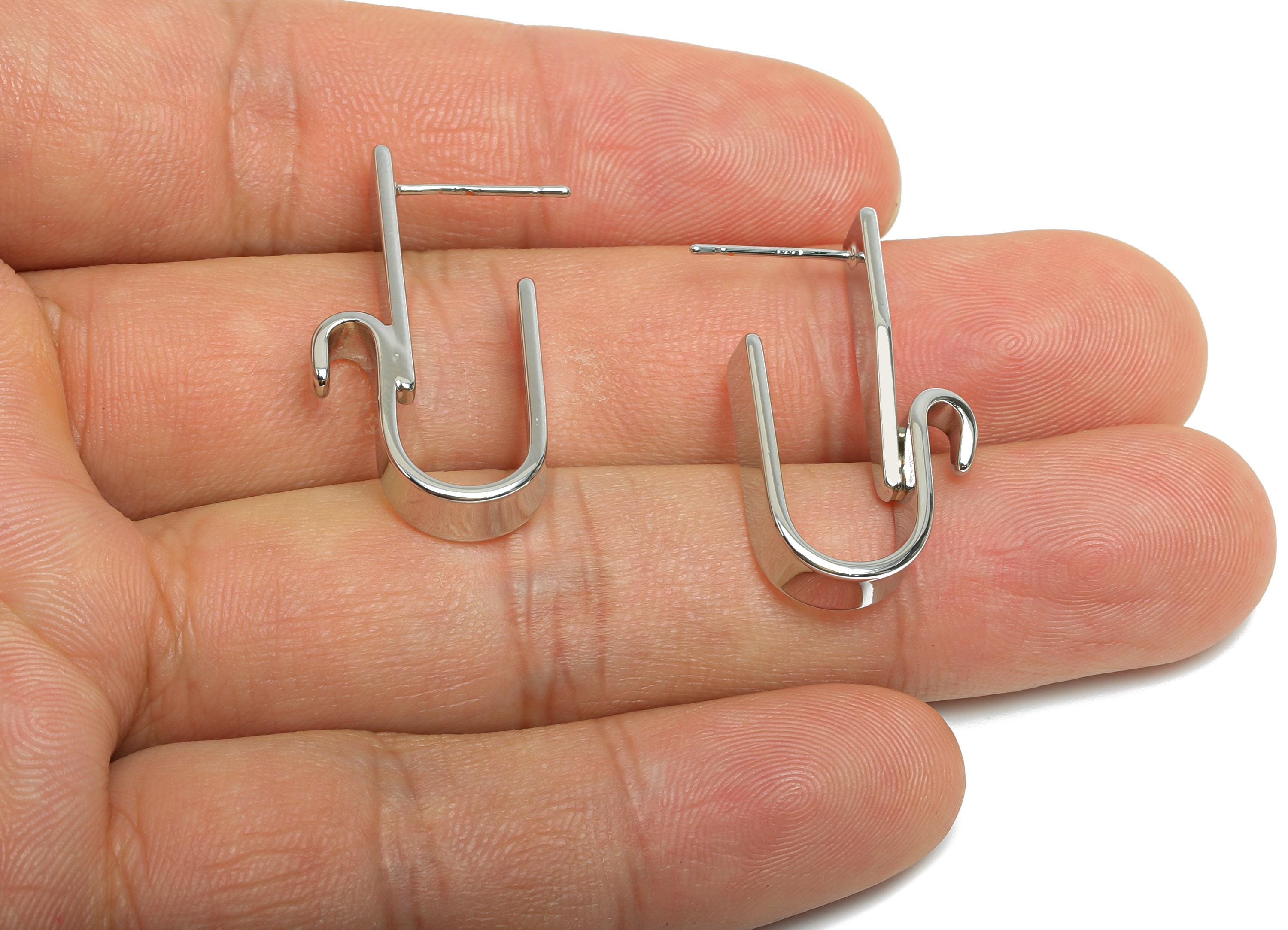 Brass Curved Hook Earring - Silver Bold Hook Earring Stud - Abstract U-Shaped Earring - 18K Real White Gold Plated -30.6x15.5x5mm - RGP9523S - DOMEDBAZAAR