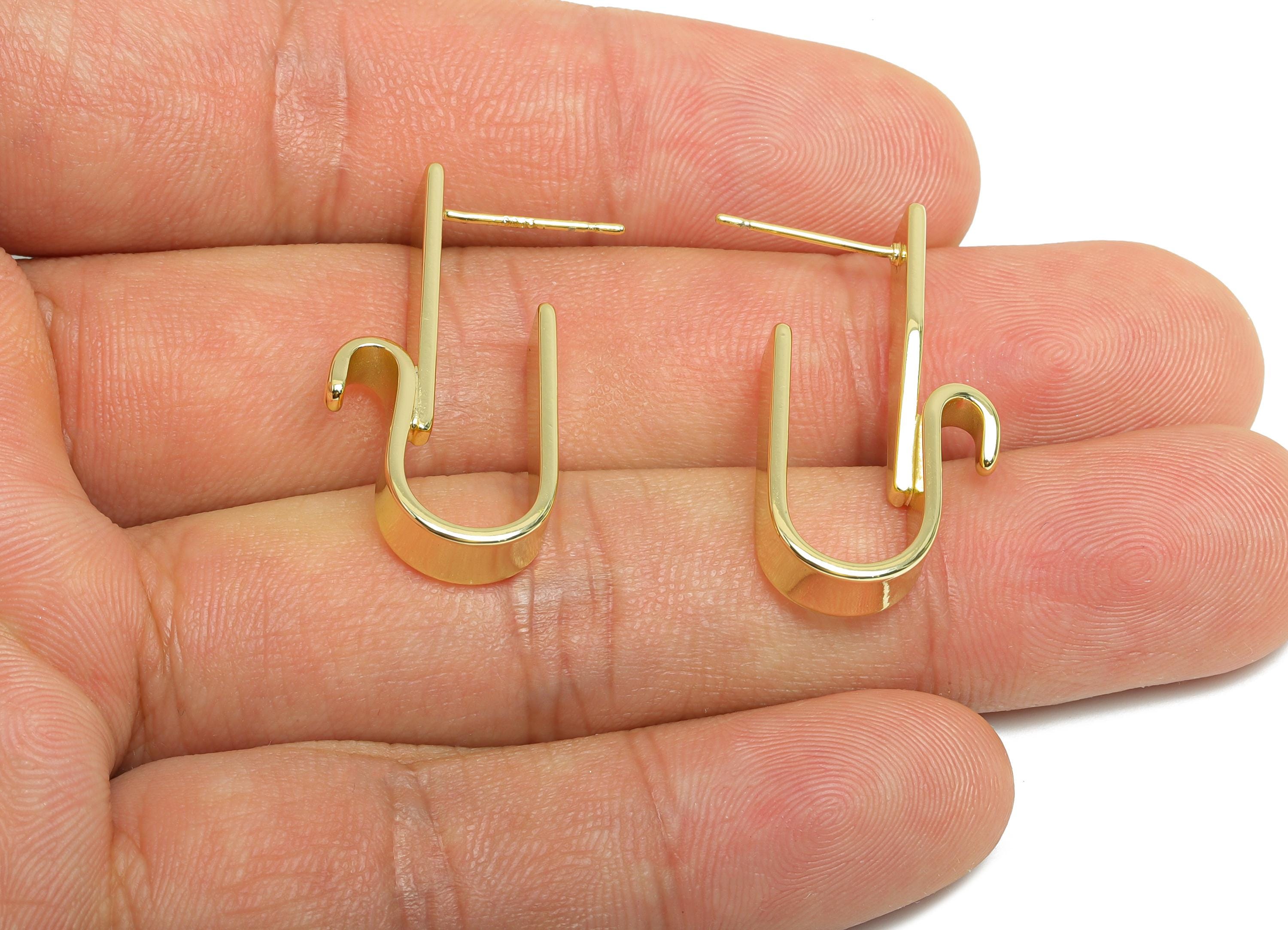 Brass Curved Hook Earrings - Gold Bold Hook Earrings Stud - Abstract U-Shaped Earrings - 14K Real Gold Plating - 30.6x15.5x5mm - RGP9523-14 - DOMEDBAZAAR