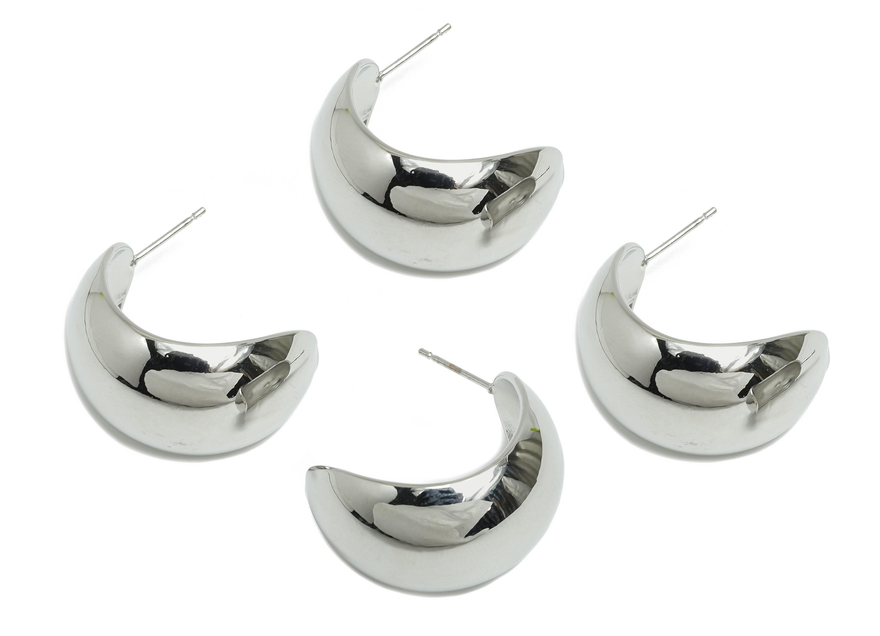 Brass Crescent Hoop Earring - Silver Bold Crescent Earring Stud - Chunky Crescent Earring Post -18K White Gold Plated -25.5x18x15mm-RGP9521S - DOMEDBAZAAR