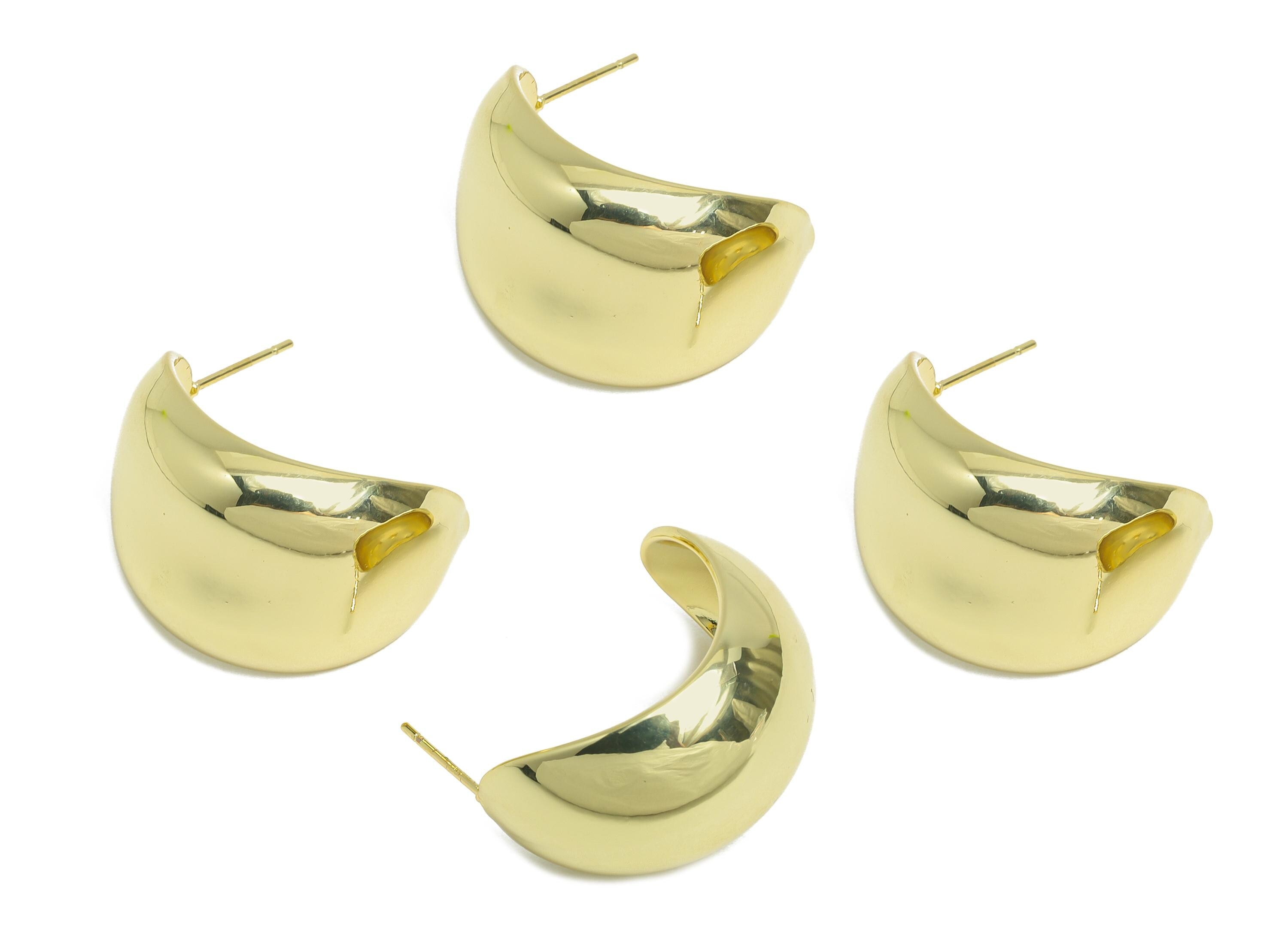 Gold Crescent Hoop Earring - Brass Bold Crescent Earring Stud - Chunky Crescent Earring Post -14K Real Gold Plated -25.5x18x15mm -RGP9521-14 - DOMEDBAZAAR