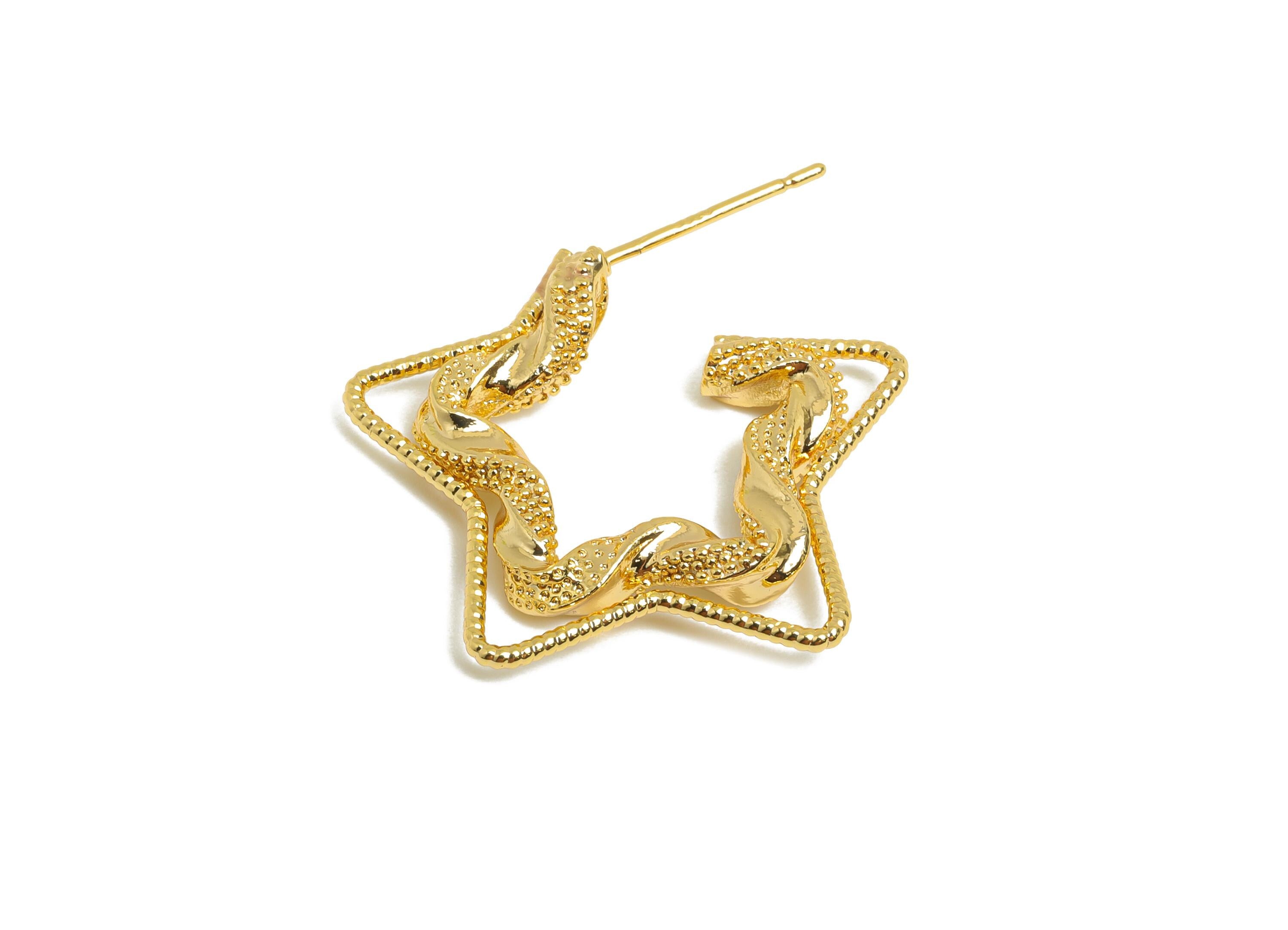 Brass Star Hoop Earring Stud - Gold Twisted Star Earring Post - Geometric Textured Earring - 18K Real Gold-Plated Brass -26x21x4mm - RGP9518 - DOMEDBAZAAR
