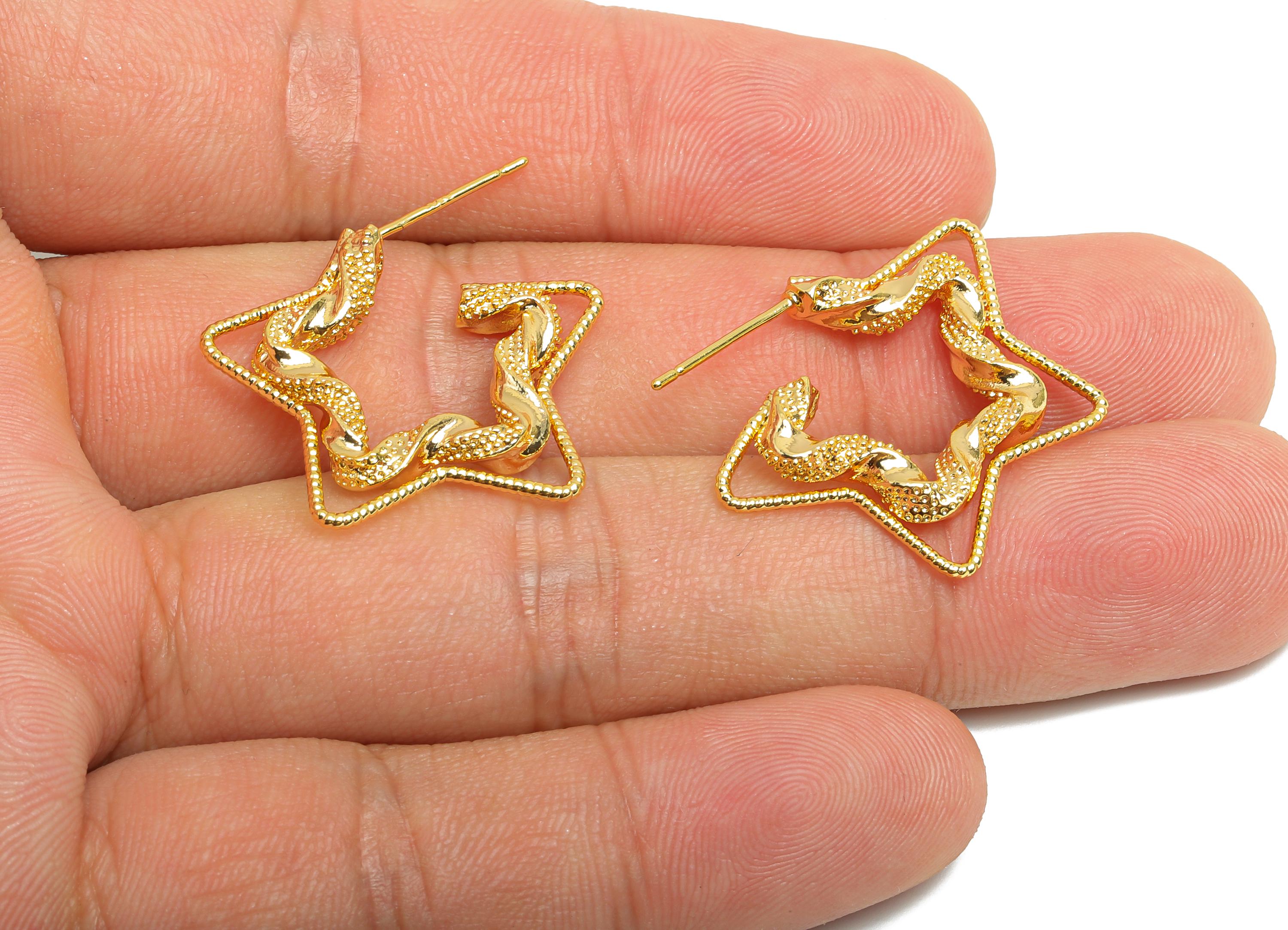 Brass Star Hoop Earring Stud - Gold Twisted Star Earring Post - Geometric Textured Earring - 18K Real Gold-Plated Brass -26x21x4mm - RGP9518 - DOMEDBAZAAR