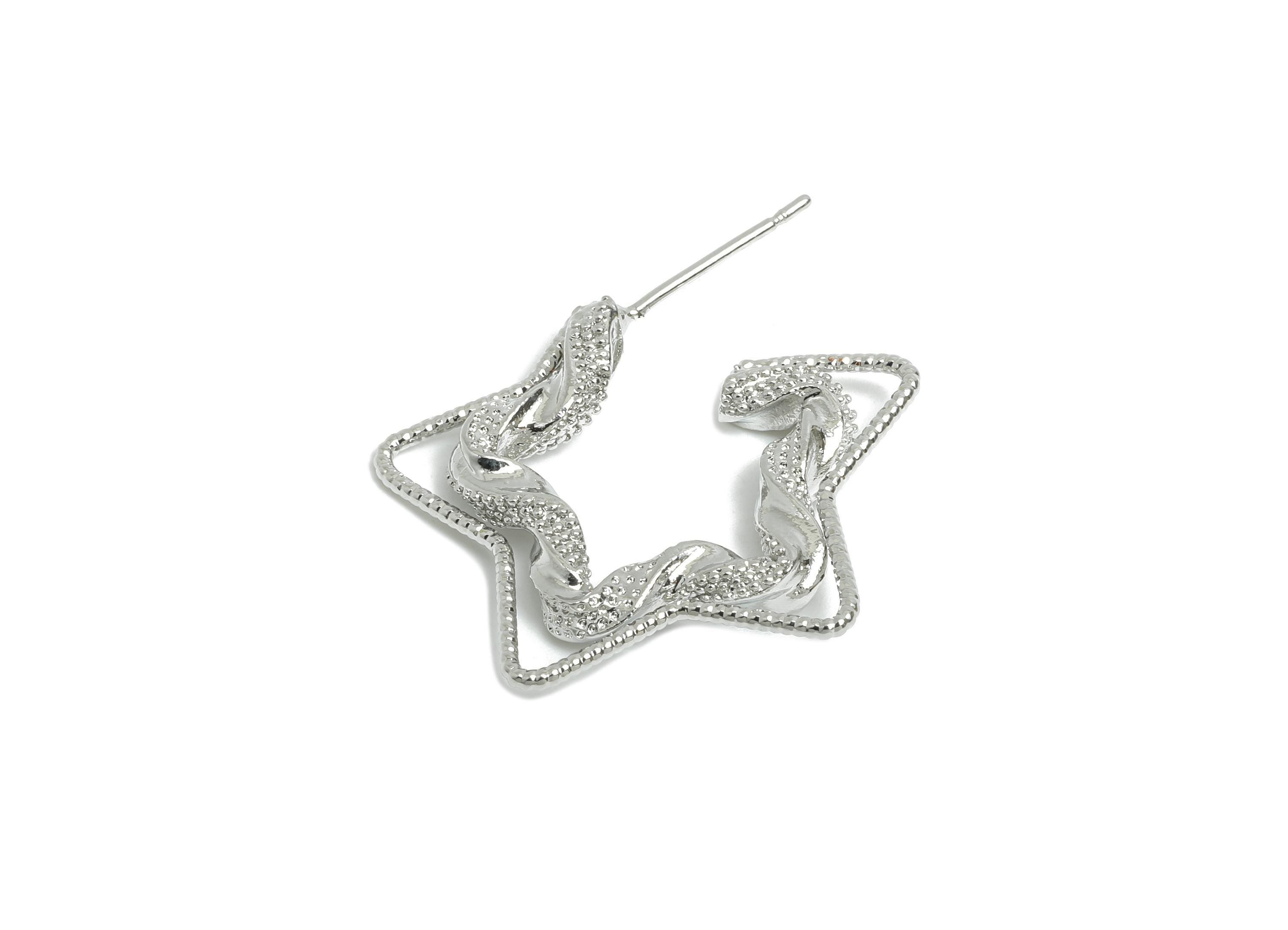 Brass Star Hoop Earring Stud - Silver Twisted Star Earring Post - Geometric Textured Earrings - 18K White Gold-Plated -26x21x4mm - RGP9518S - DOMEDBAZAAR