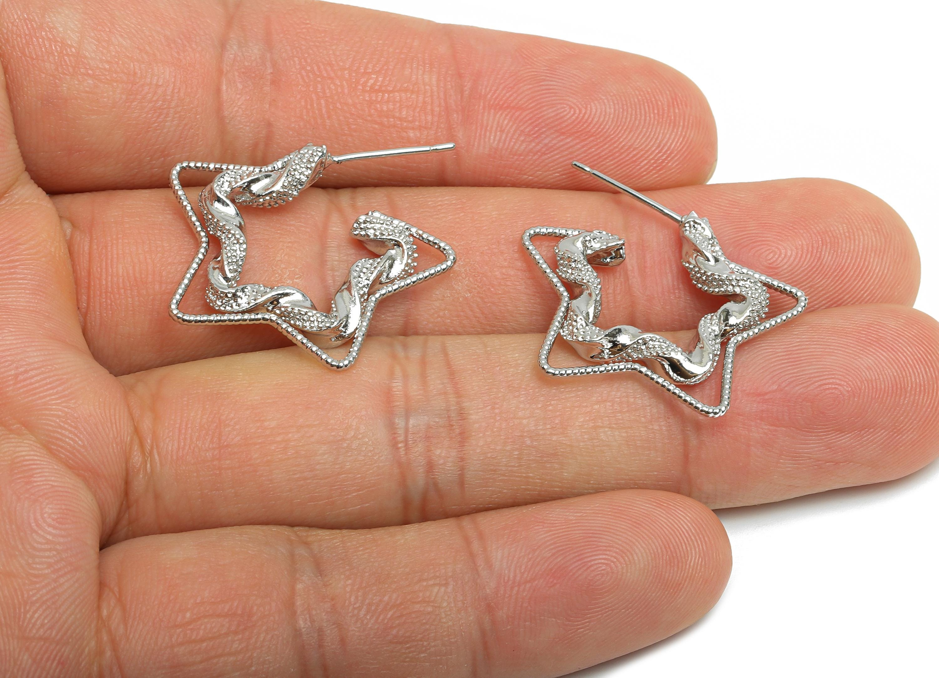Brass Star Hoop Earring Stud - Silver Twisted Star Earring Post - Geometric Textured Earrings - 18K White Gold-Plated -26x21x4mm - RGP9518S - DOMEDBAZAAR