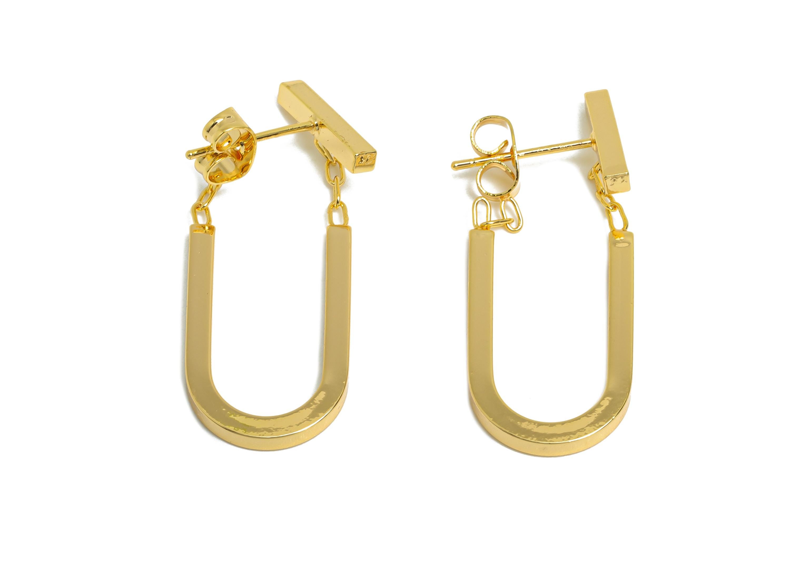 Brass Dangle U-Shaped Earring - Elegant Gold Earring Stud - Geometric U-Shaped Ear Jacket - 18K Real Gold-Plated Brass - 30x13x2mm - RGP9510 - DOMEDBAZAAR