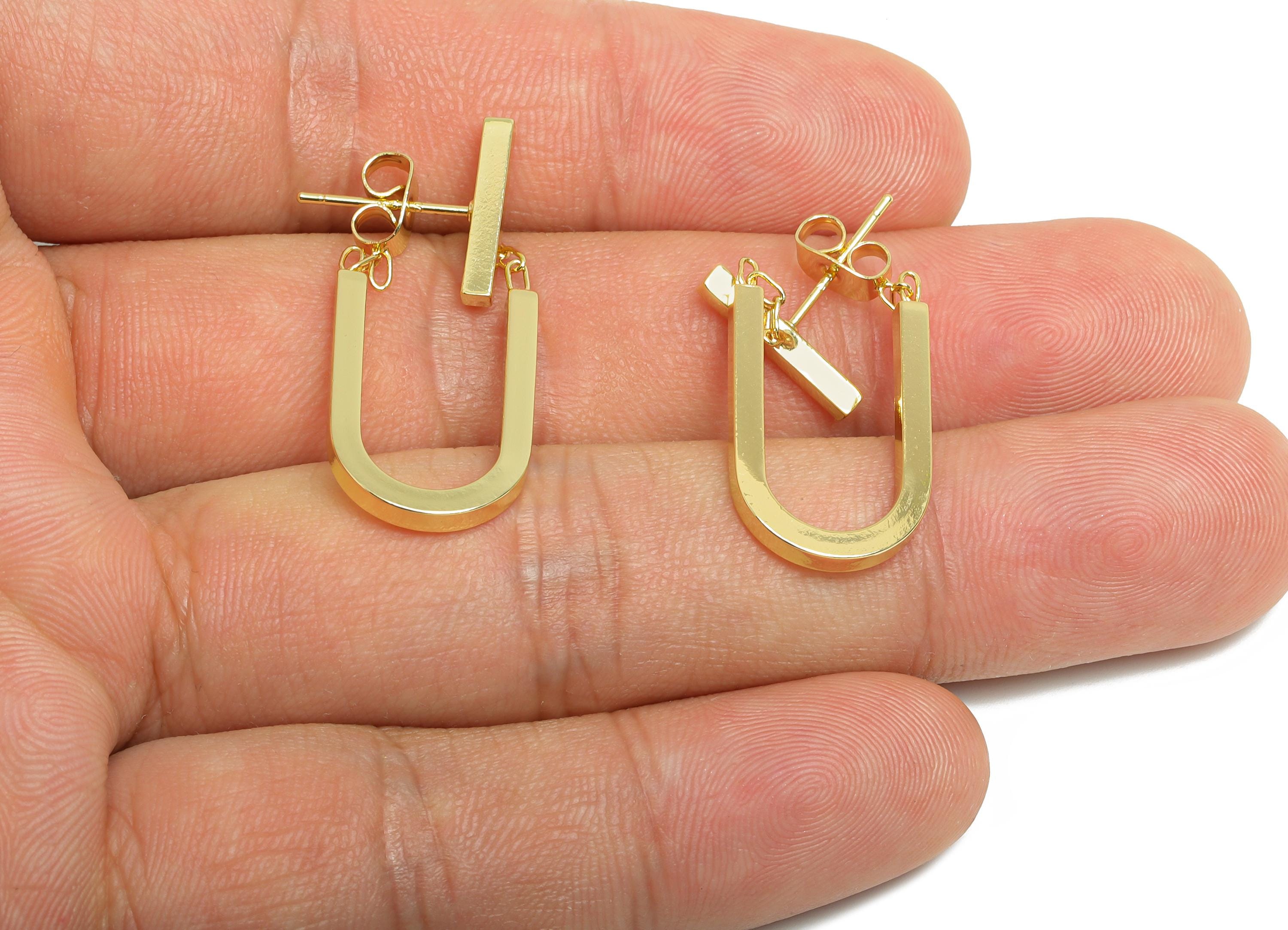 Brass Dangle U-Shaped Earrings - Elegant Gold Earring Stud - Geometric U-Shaped Ear Jacket - 14K Real Gold-Plated - 30x13x2mm - RGP9510-14 - DOMEDBAZAAR