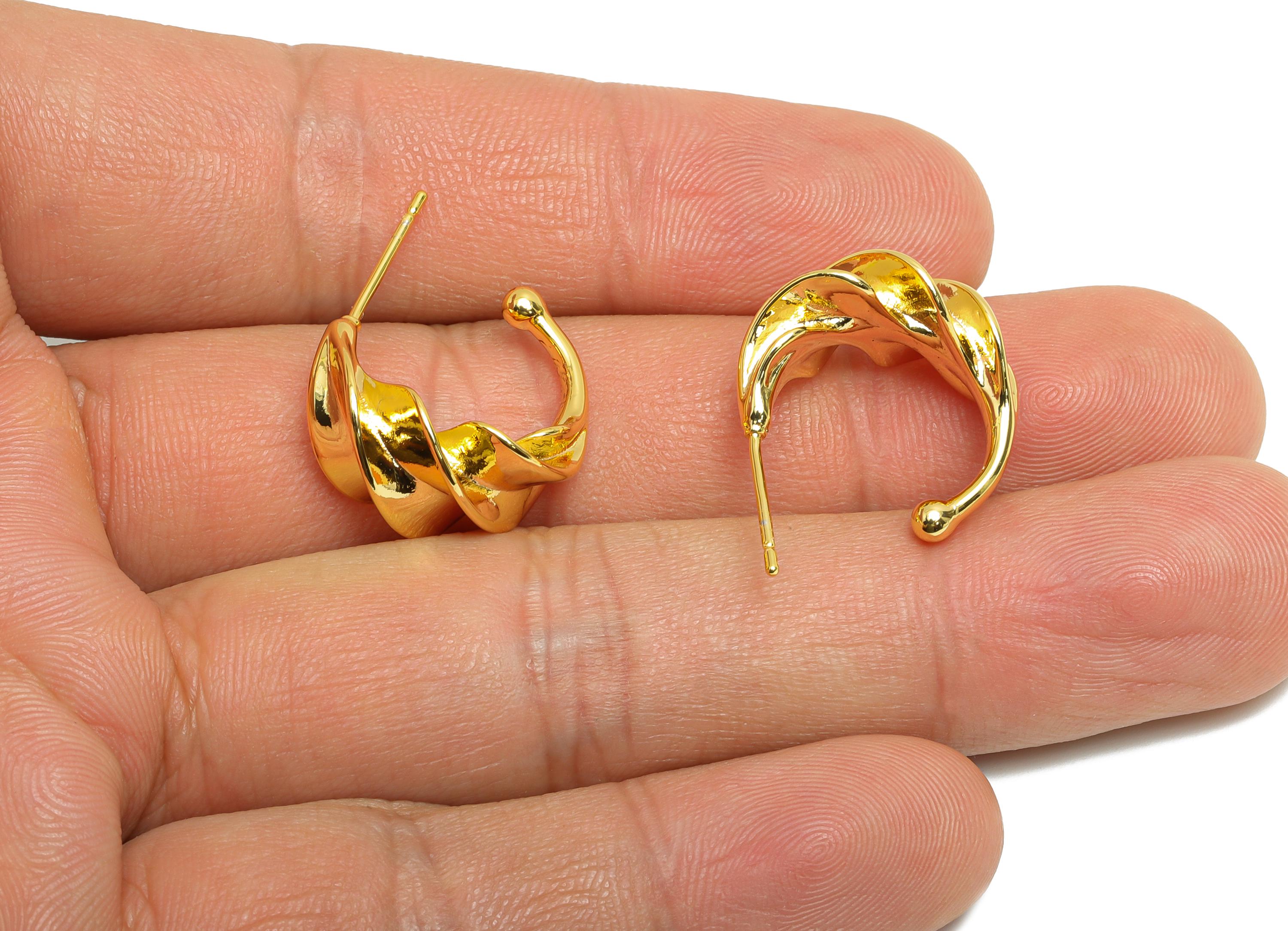 Brass C Earring Stud - Open Hoop Earring - Gold Twisted Earring Post - Twist Gold Ball Earring - 18k Real Gold Plated - 18x16x10mm- RGP9439 - DOMEDBAZAAR