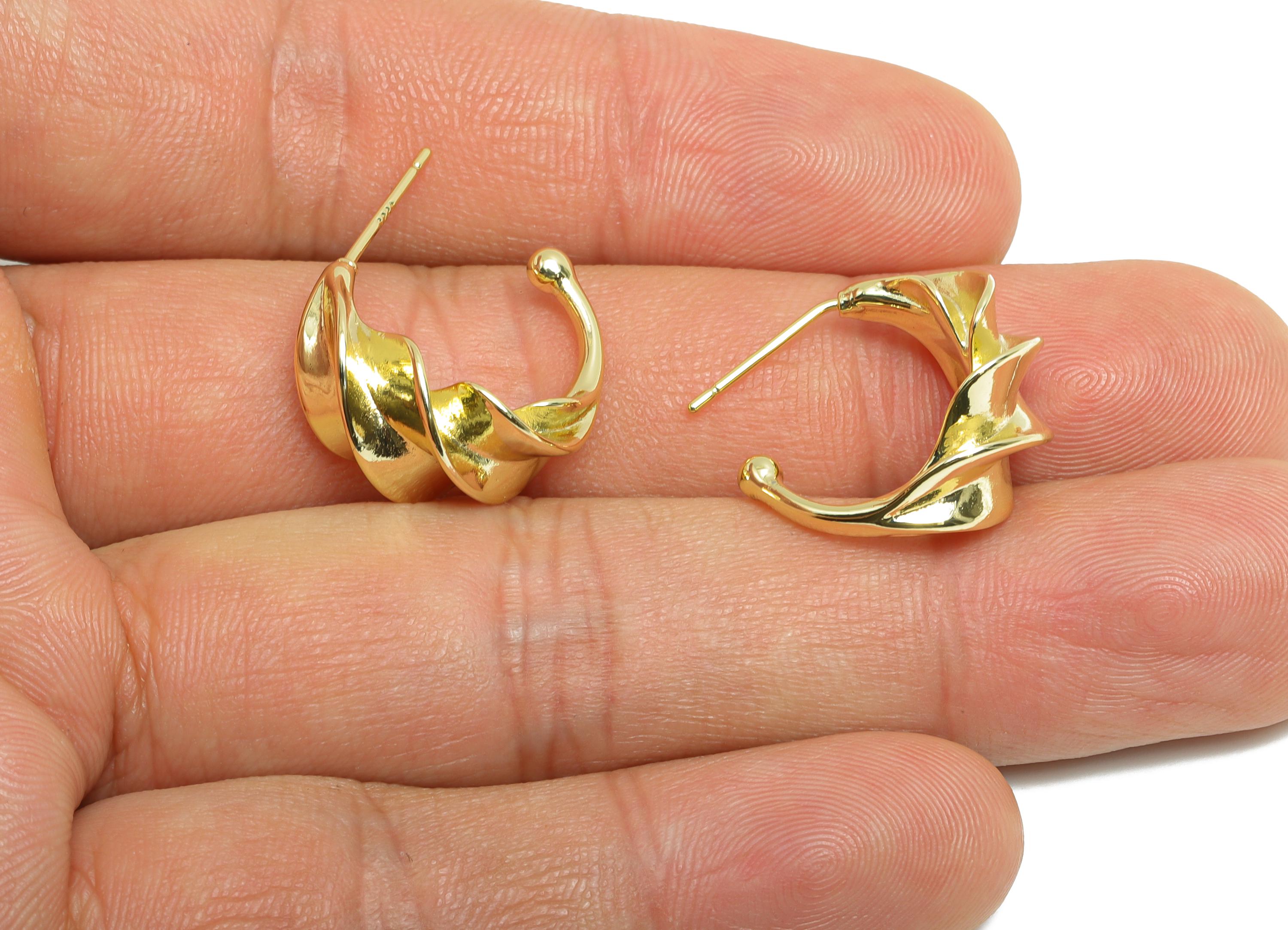 Brass C Earring Stud - Open Hoop Earring - Gold Twisted Earring Post- Twist Gold Ball Ear-14k real gold-plated brass-18x16x10mm- RGP9439-14 - DOMEDBAZAAR