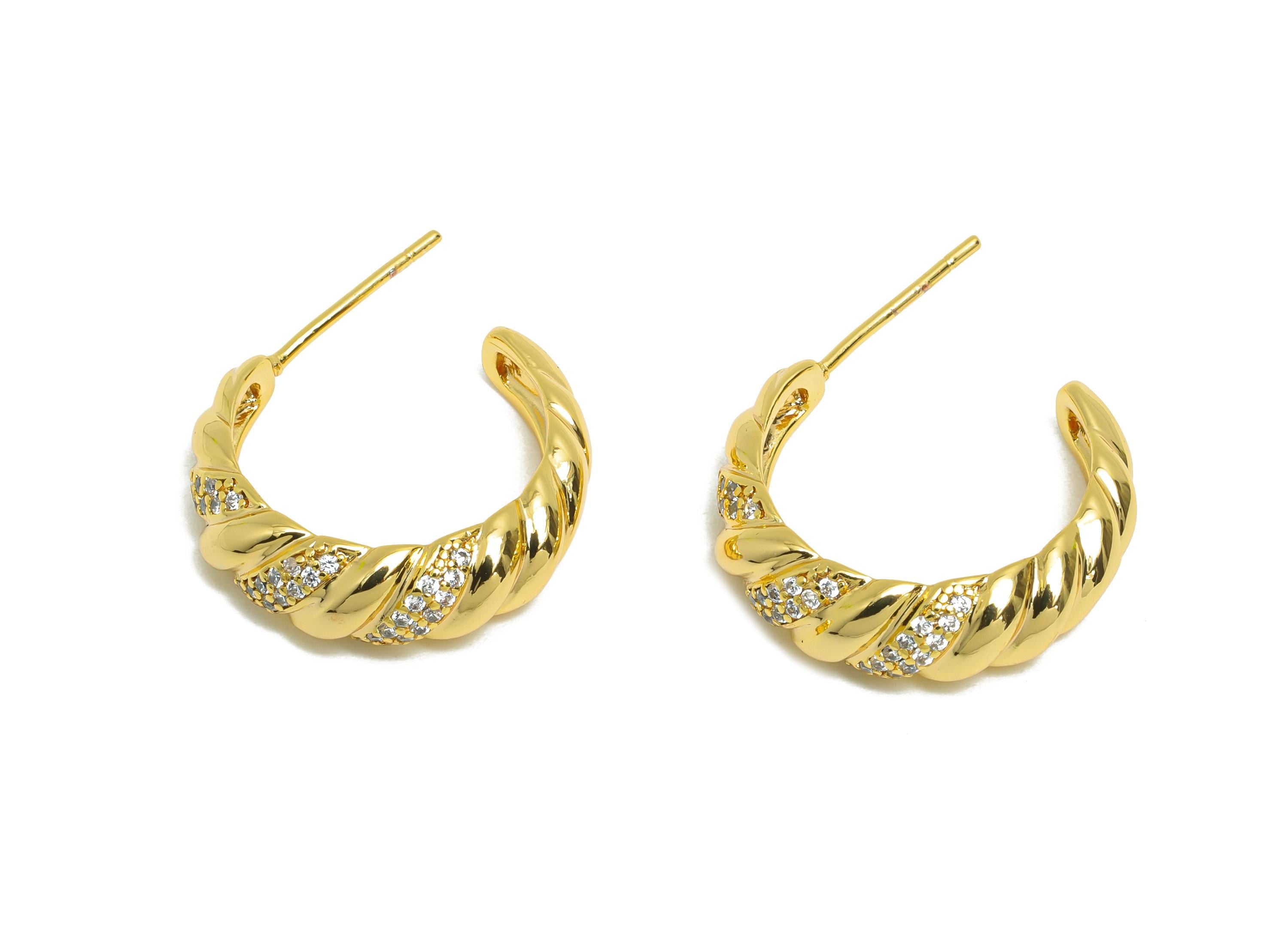 Brass C Earring Stud - Open Hoop Earring - Zircon Hoop Earring Stud - Twisted Gold Earring - 18K Real Gold Plated Brass- 21x18x6mm - RGP9437 - DOMEDBAZAAR