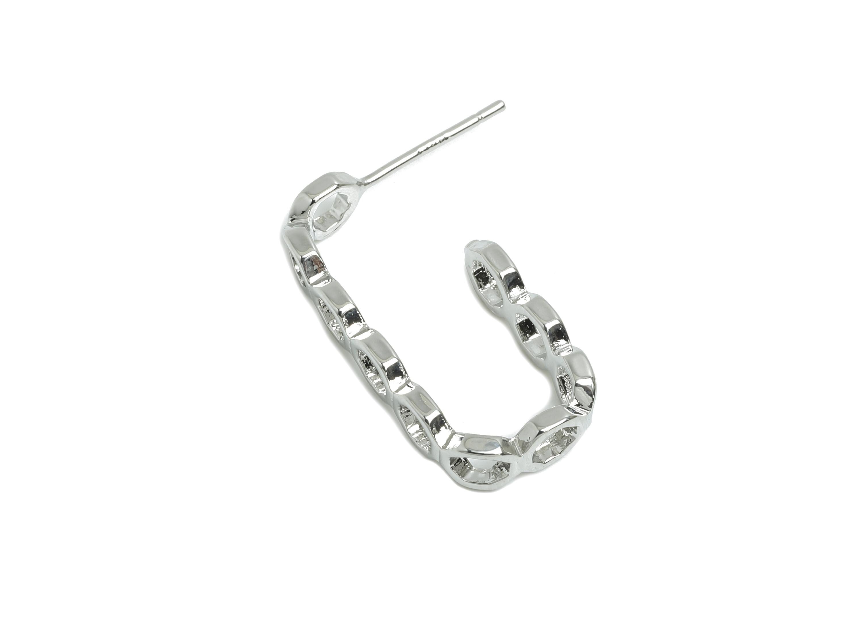 Brass Chain Link Earring Stud - Open Chain Link Hoop Earring - White Textured Ear Post - 18k Real White Gold Plated - 24x10.5x1.8mm-RGP9433S - DOMEDBAZAAR