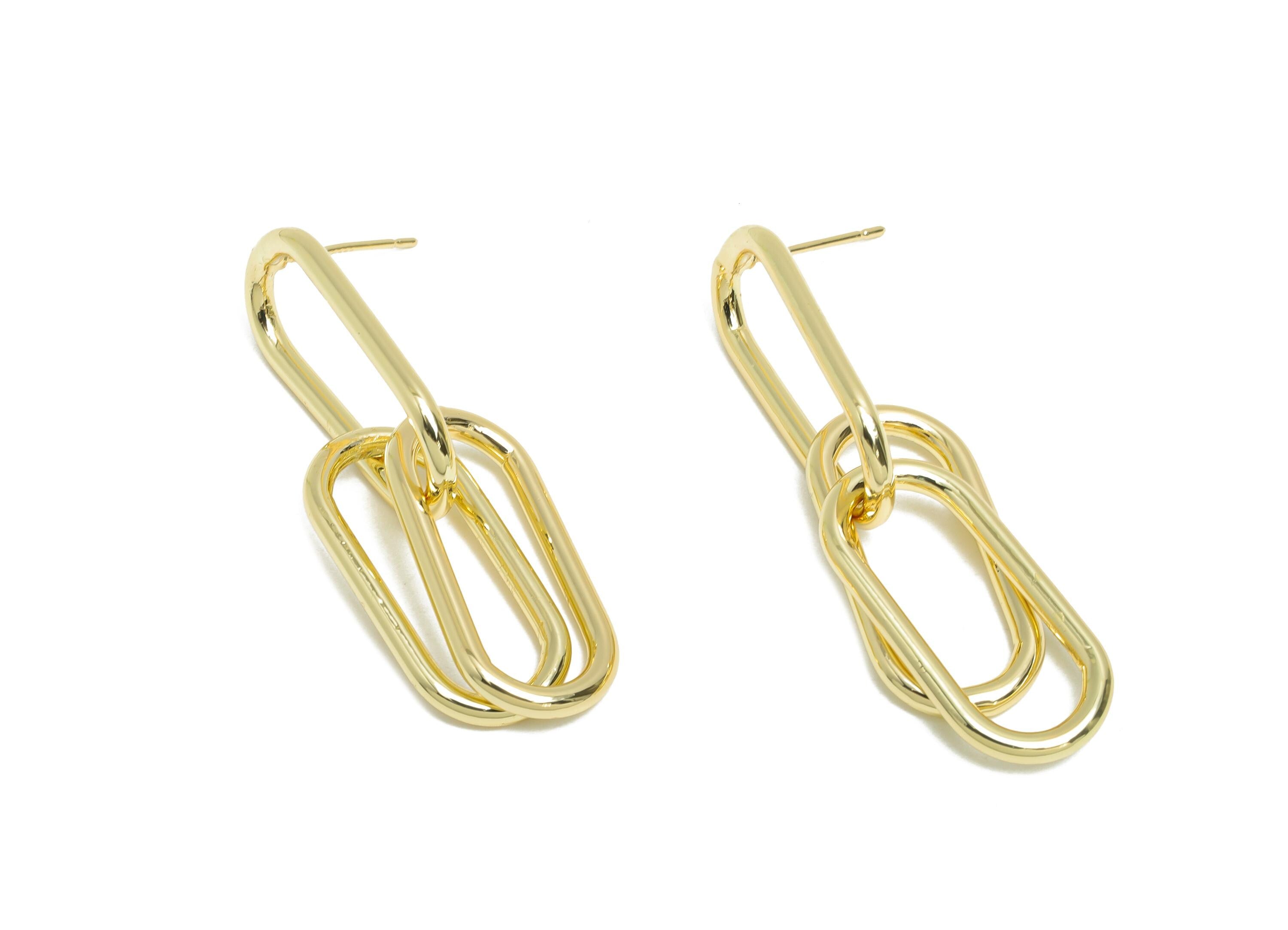 Oval Dangle Earring - Brass Chain Link Earring Post - Gold Dangle Minimalism Earring - 14K Real Gold Plated Brass -44x11.5x2mm - RGP9432-14 - DOMEDBAZAAR