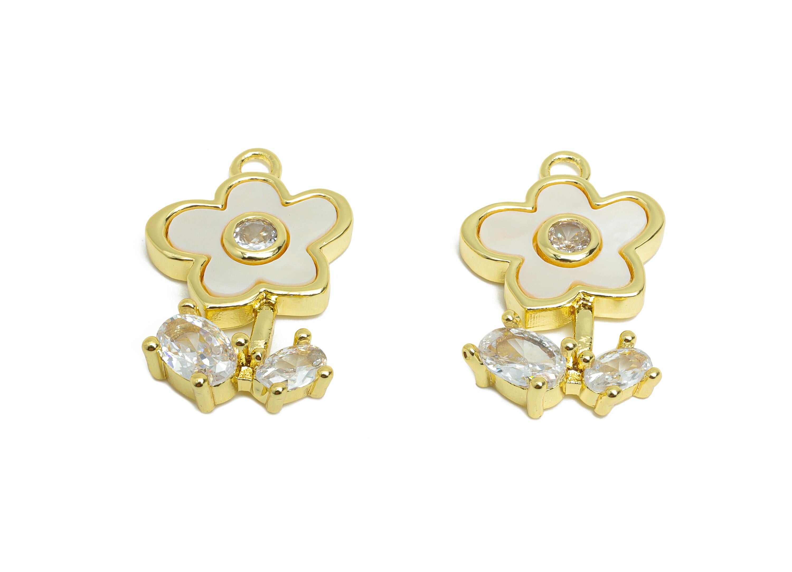 Brass Flower Earring Charm - Gold Zircon Seashell Pendant- Elegant Flower Charm for Necklace - 18K Gold Plated - 21.4x13.8x4.04mm - RGP9623 - DOMEDBAZAAR