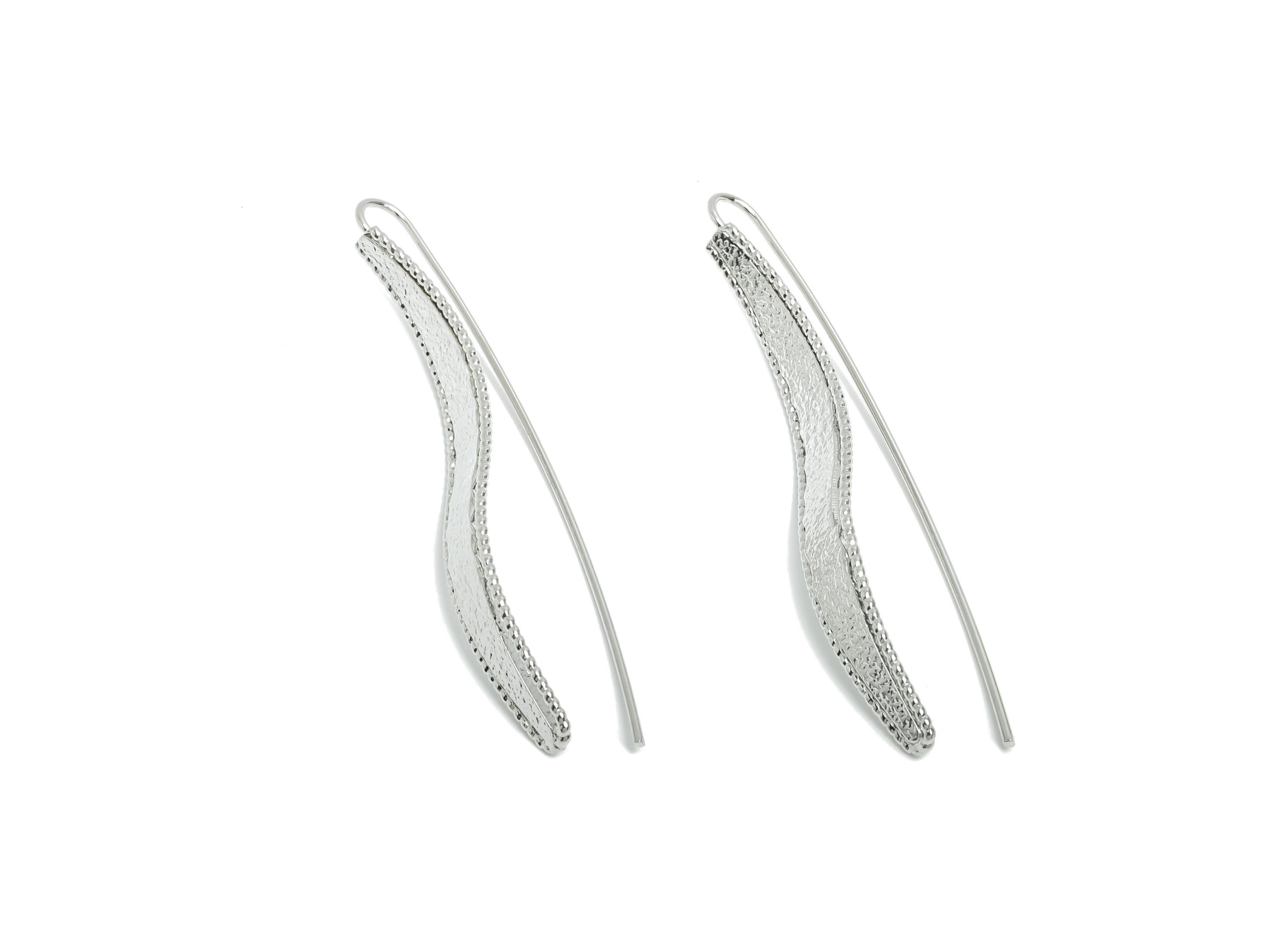 Brass Curved Earring Wire - Hammered Wave Earrings Wire - White Minimalism Long Earrings -18K Real White Gold Plated - 53x7x1.2mm - RGP9427S