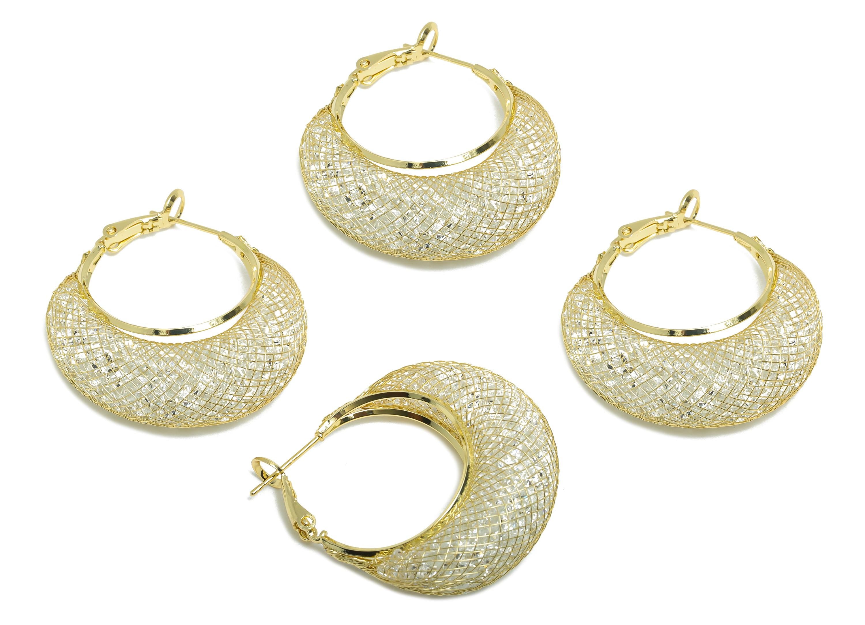 Basket Weave Hoop Earring - Brass Woven Mesh Clasp Earring - Zircon Push Back Earrings Post - 14K Real Gold Plated - 38x32x12mm - RGP9430-14 - DOMEDBAZAAR