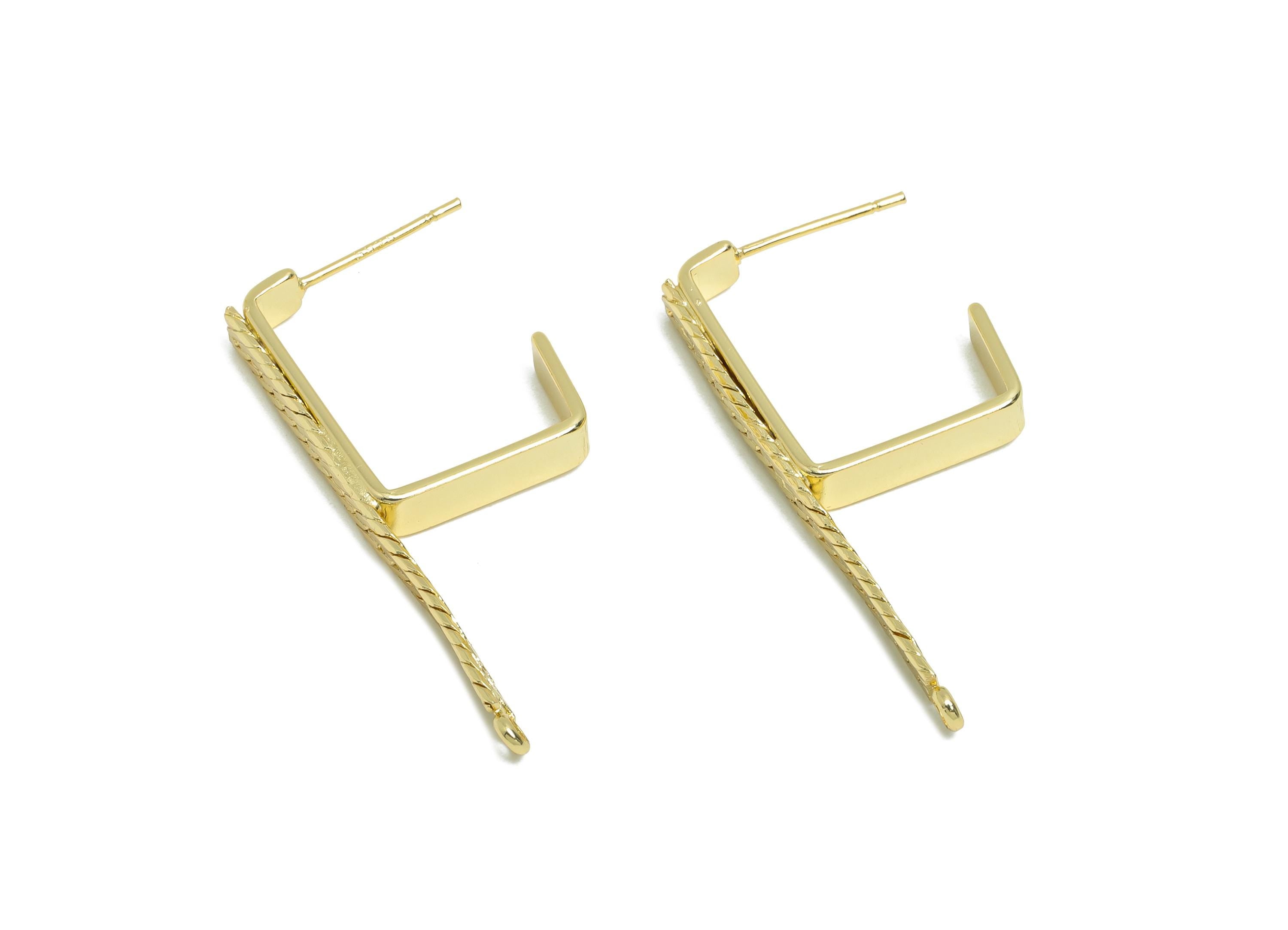 Brass Square Hoop Earring Connector- Gold Textured Earring Post - Snake Chain Geometric Earring - 14K Real Gold-Plated -37x4x2mm -RGP9445-14 - DOMEDBAZAAR