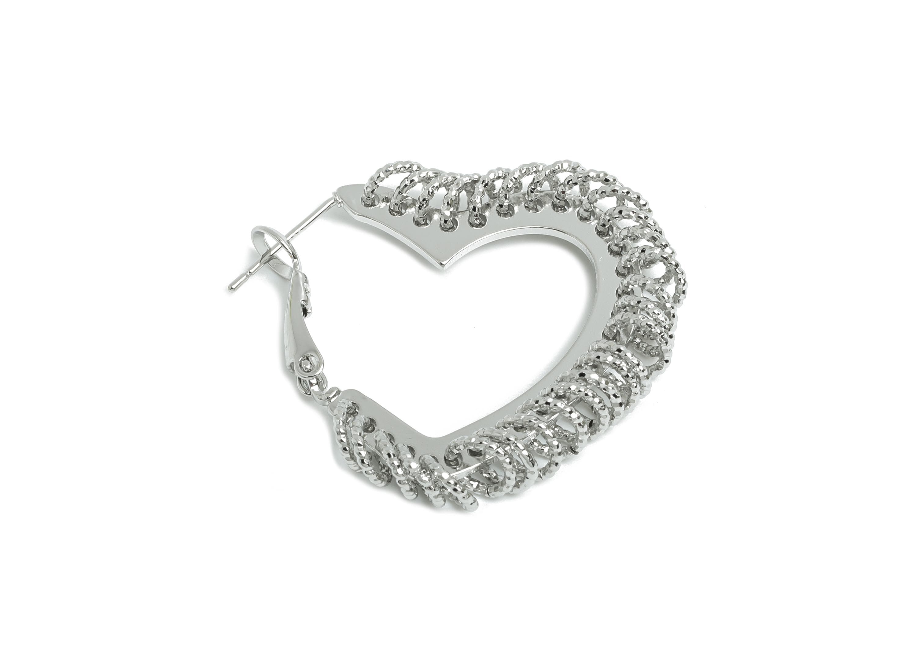 Brass Heart Hoop Earring - White Heart Hanging Ring Earring - Textured Push Back Earring Post - 18K White Gold Plated - 32x29x3mm - RGP9429S - DOMEDBAZAAR