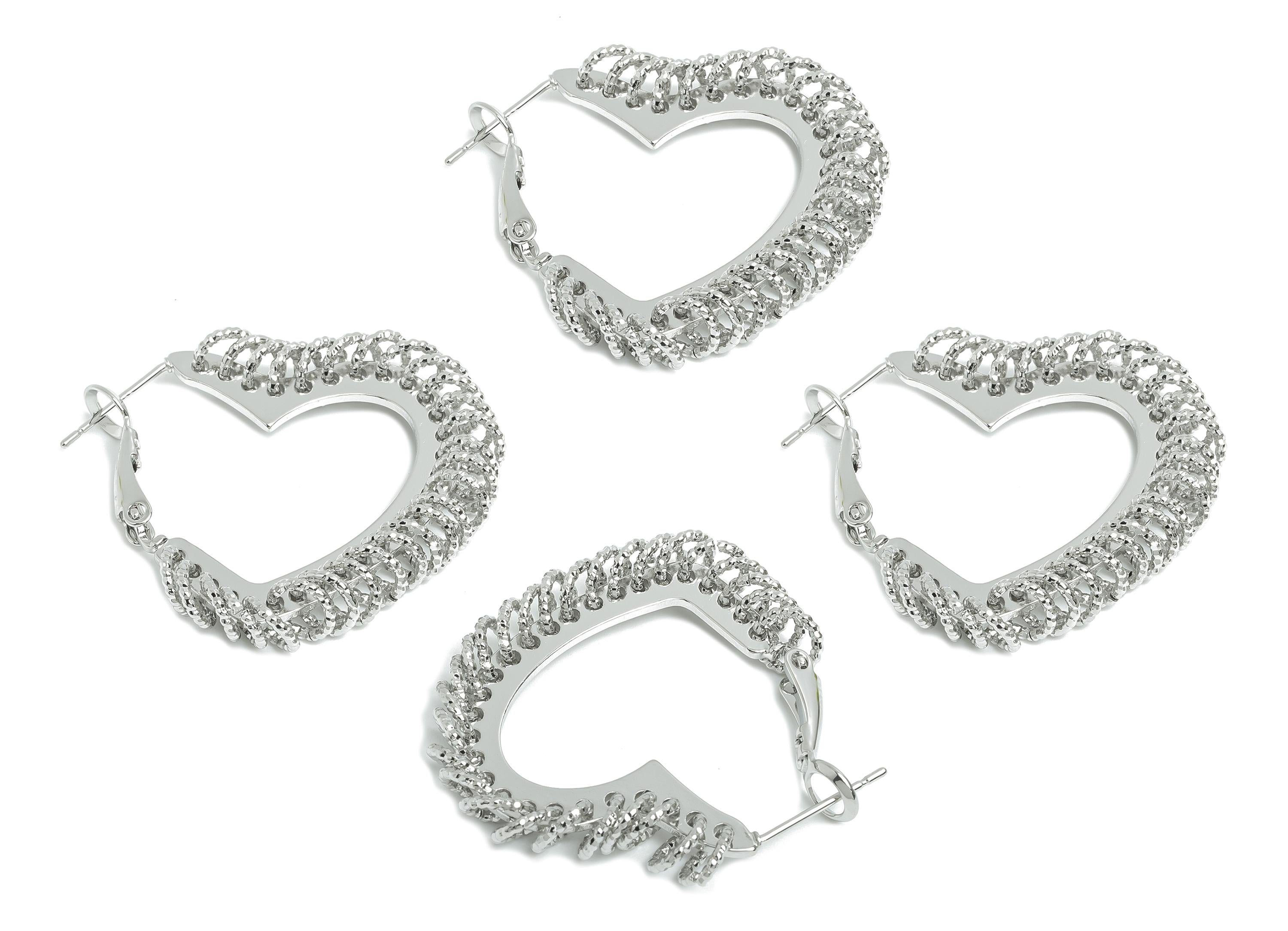 Brass Heart Hoop Earring - White Heart Hanging Ring Earring - Textured Push Back Earring Post - 18K White Gold Plated - 32x29x3mm - RGP9429S - DOMEDBAZAAR