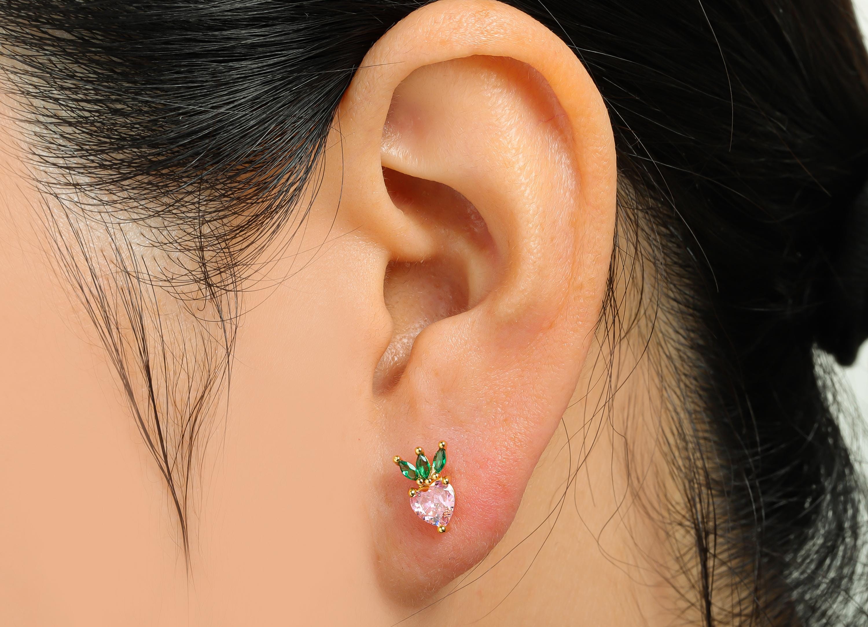 CZ Strawberry Earring Stud - Brass Pink Gemstone Earring - Marquise Shimmering Earring Stud - 18K Real Gold Plated - 9x6x3mm - RGP10374 - DOMEDBAZAAR