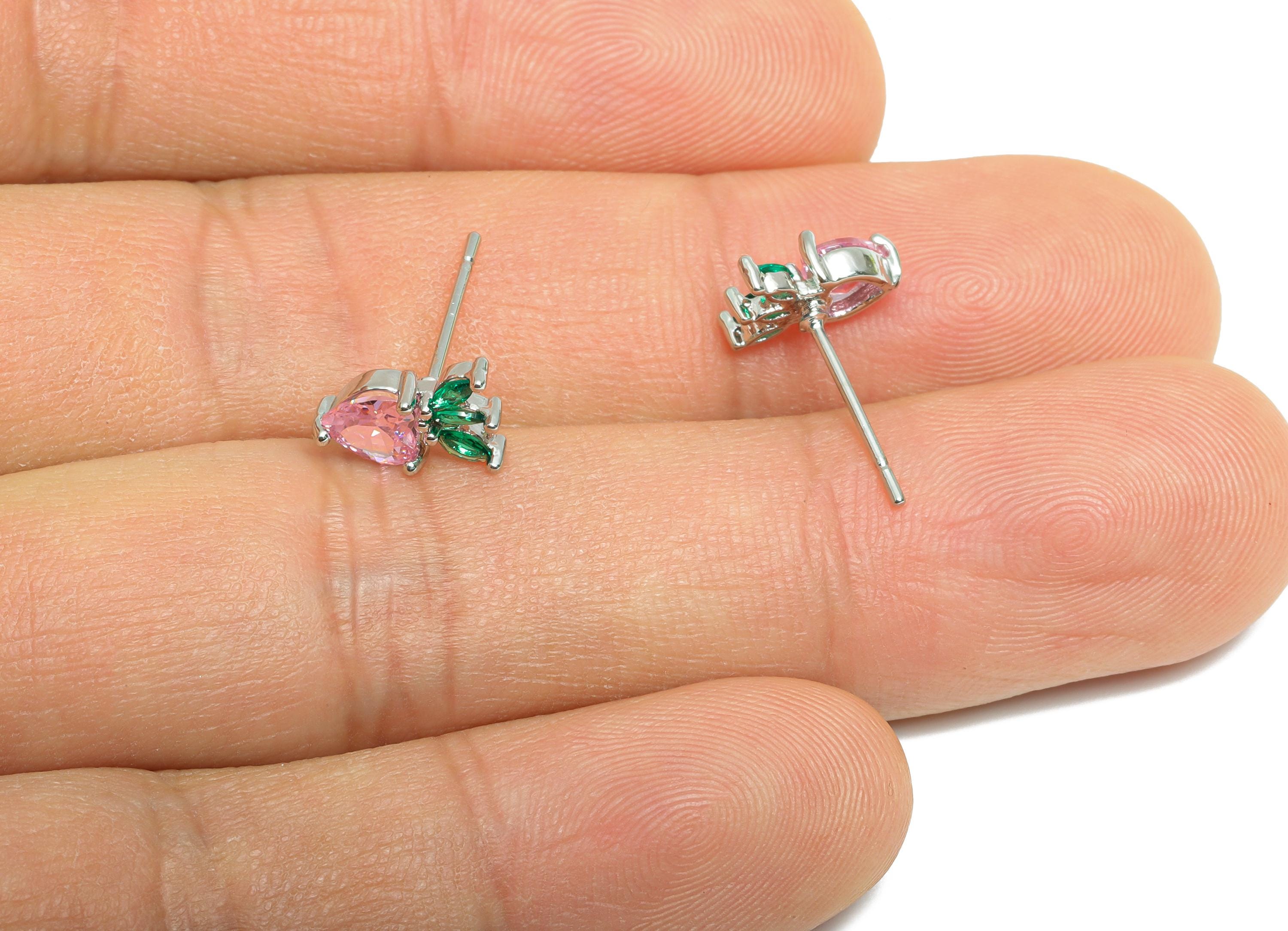 CZ Strawberry Earring Stud - Brass Pink Gemstone Earring - Marquise Shimmering Earring Stud - 18K Real White Gold Plated - 9x6x3mm -RGP10375 - DOMEDBAZAAR
