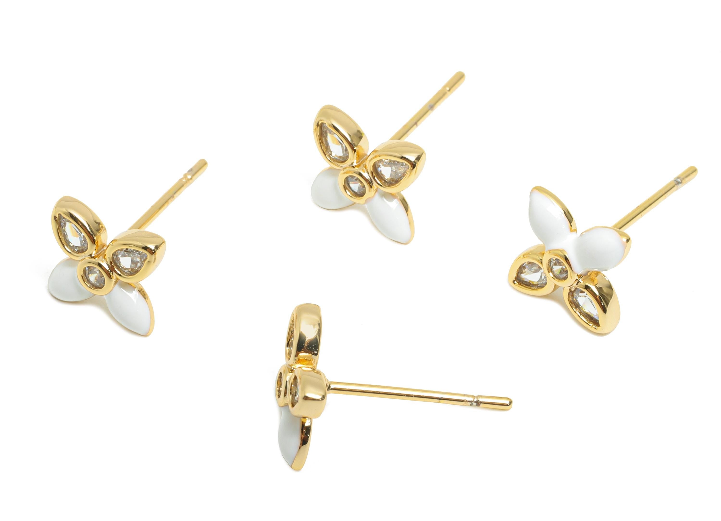 CZ Dainty Flower Stud - Brass Vibrant Enamel Earring Stud - Brass Crystal Everyday Wear  Earring - 18K Real Gold Plated - 9x7x2mm-RGP10392B - DOMEDBAZAAR