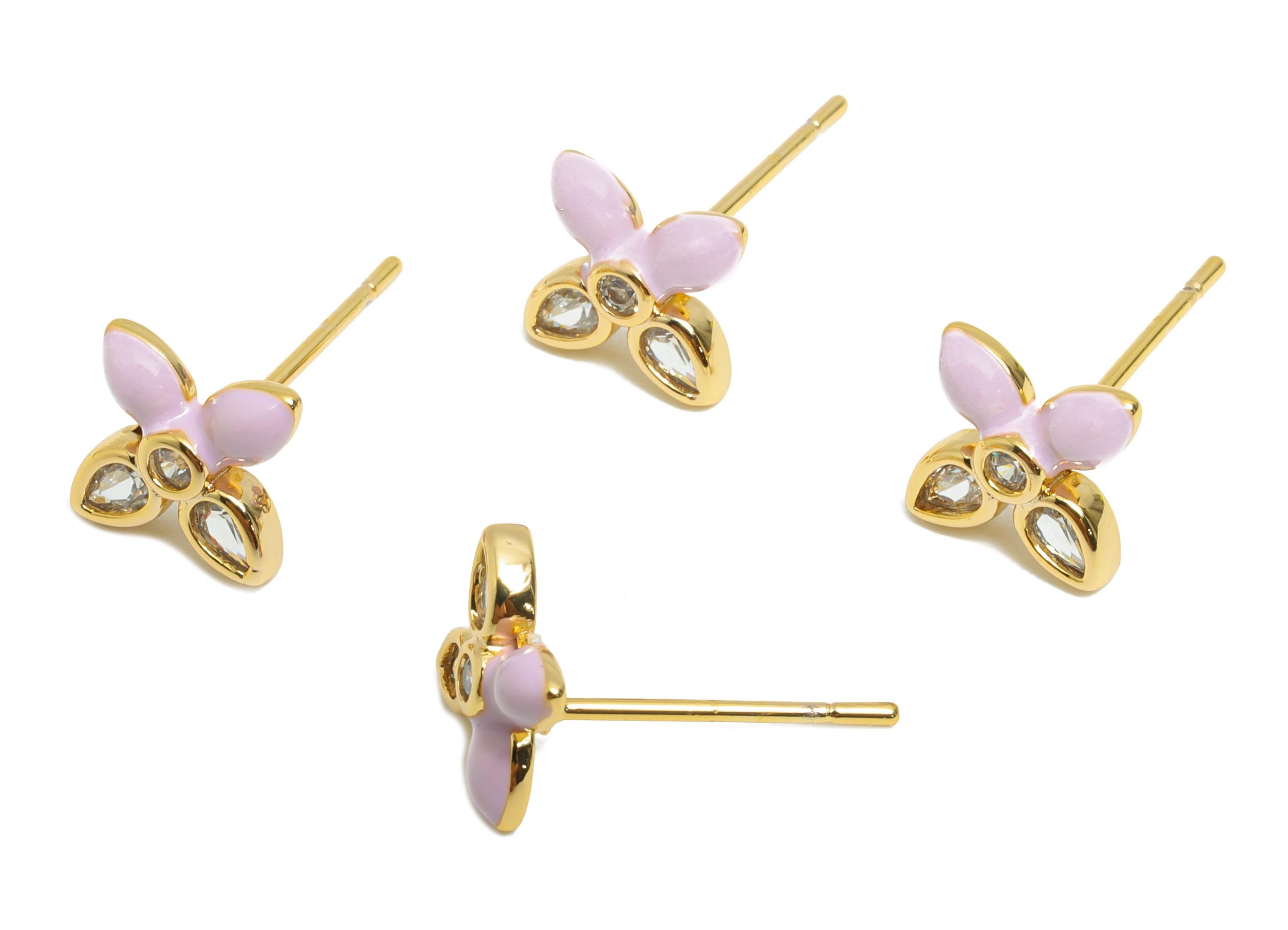 CZ Dainty Flower Stud - Brass Modern Enamel Earring Stud - Brass Crystal Everyday Wear  Earring -18K Real Gold Plated -  9x7x2mm -RGP10392C - DOMEDBAZAAR