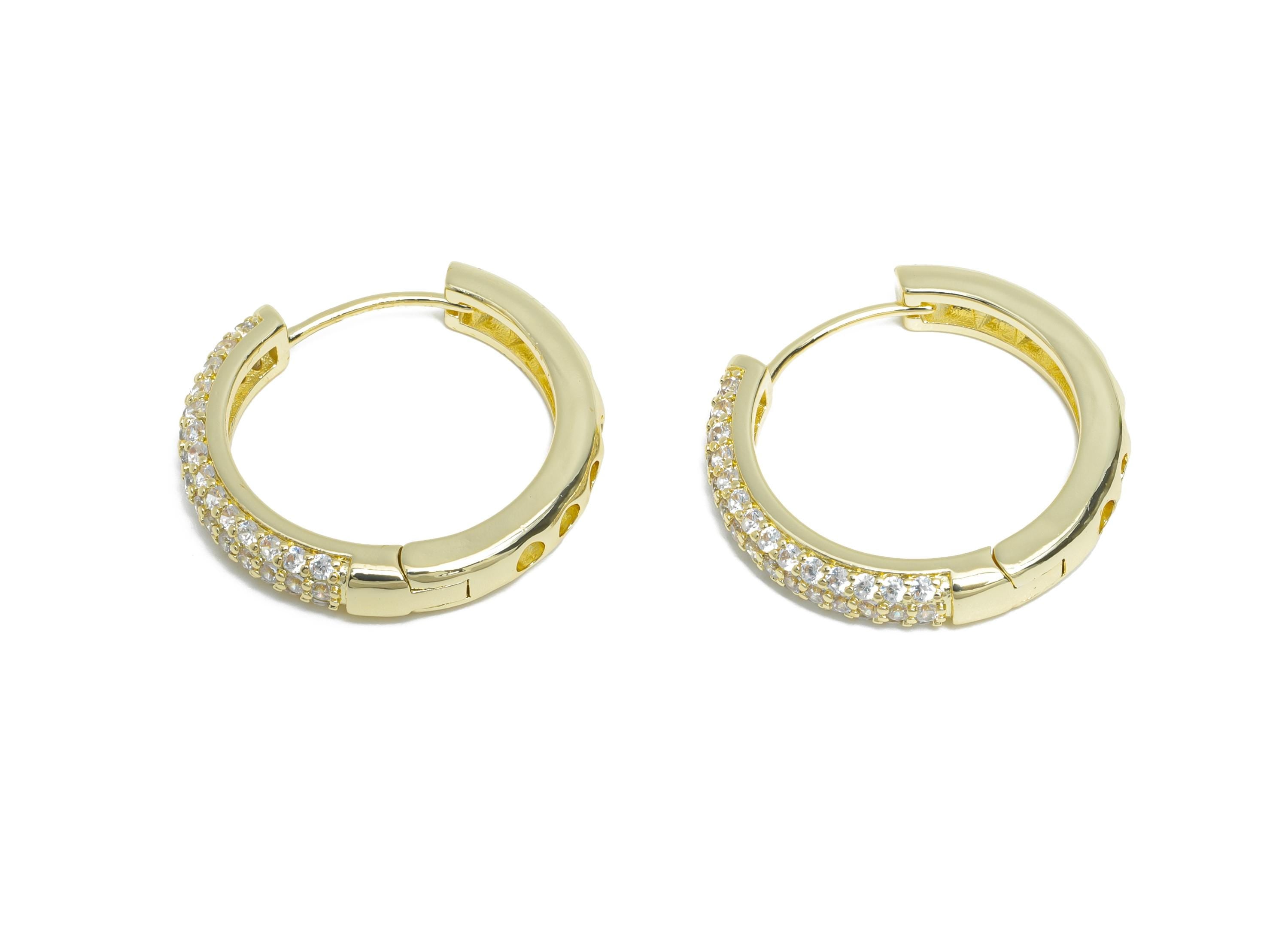Brass Round Hoop Earring - Gold Thick Hoop Earrings with Zircon - Huggie Hoop Earring - 18K Real Gold Plated - 24.2x24.2x1.4mm - RGP9565-14 - DOMEDBAZAAR