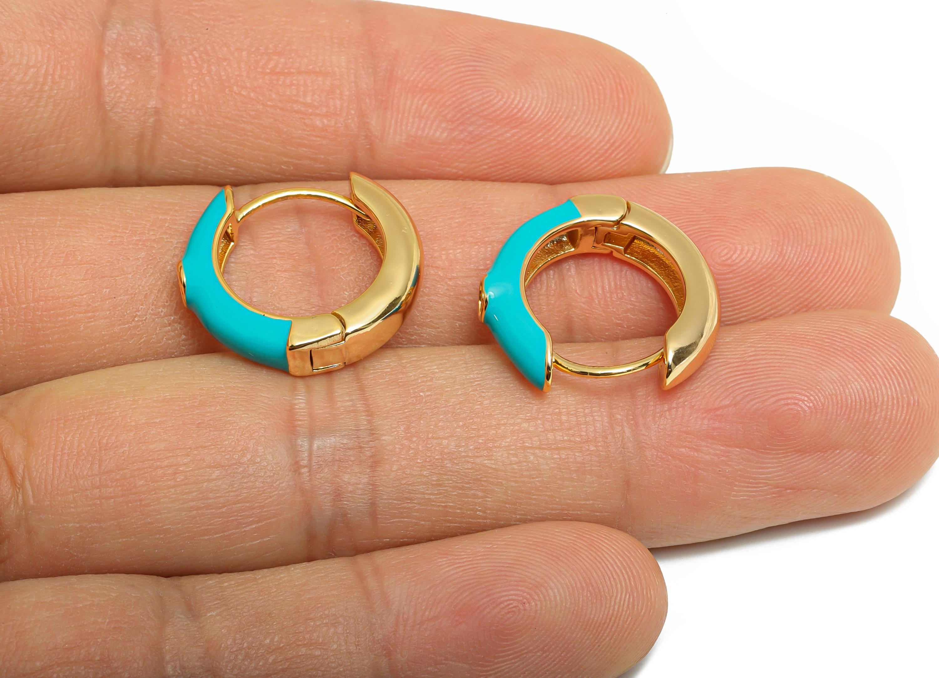 Gold Hoop Earring - Brass Vibrant Blue Enamel Hoop Clasp - Bright Gold Enamel Huggie Hoop - 18K Real Gold Plated - 19x18x4mm - RGP10378D - DOMEDBAZAAR