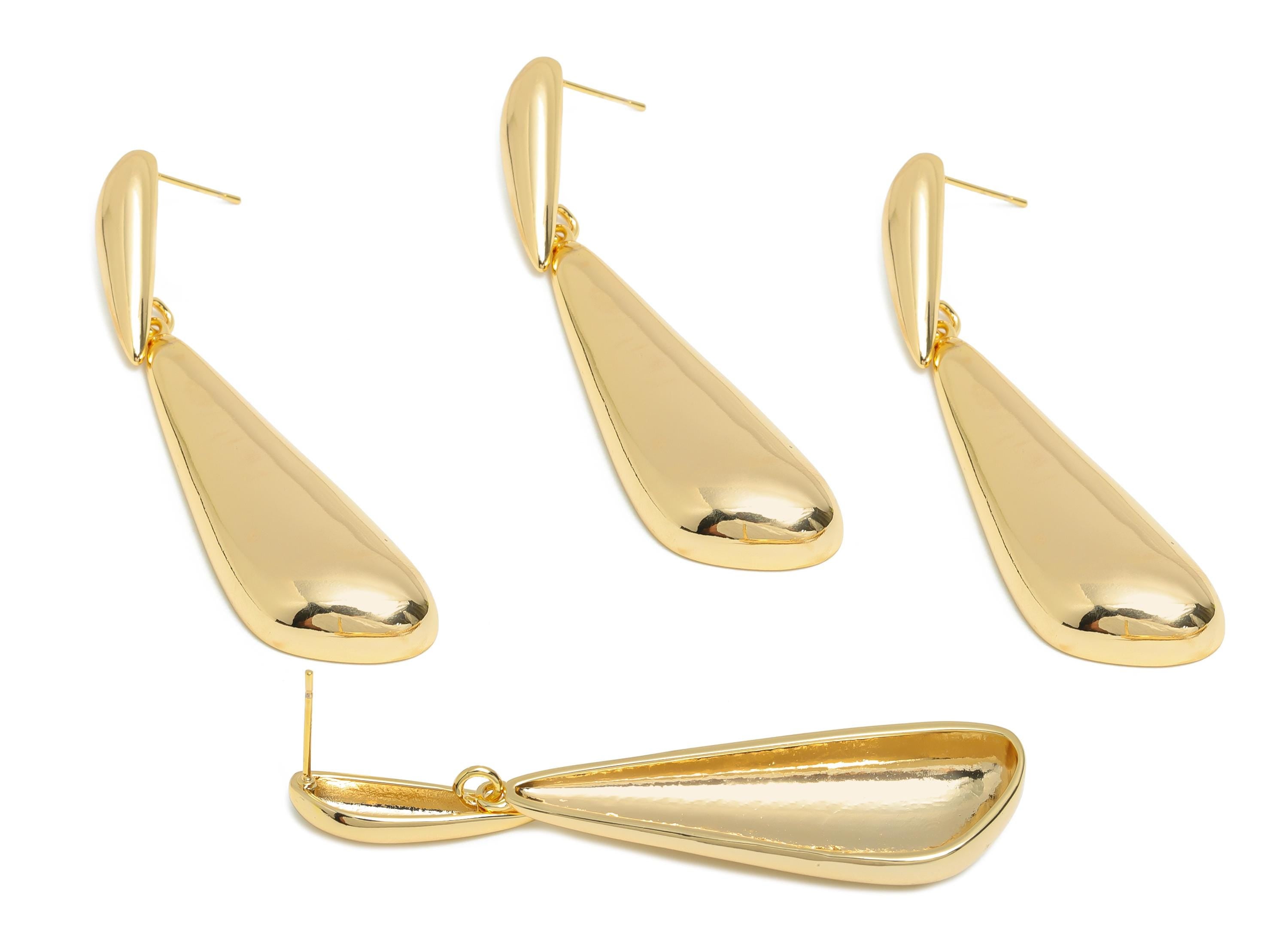 Brass Dangle Earring - Brass Teardrop Earring - Timeless Dangle Brass Chic Drop Earring Stud - 18K Real Gold Plating - 64x15x6mm - RGP10393 - DOMEDBAZAAR