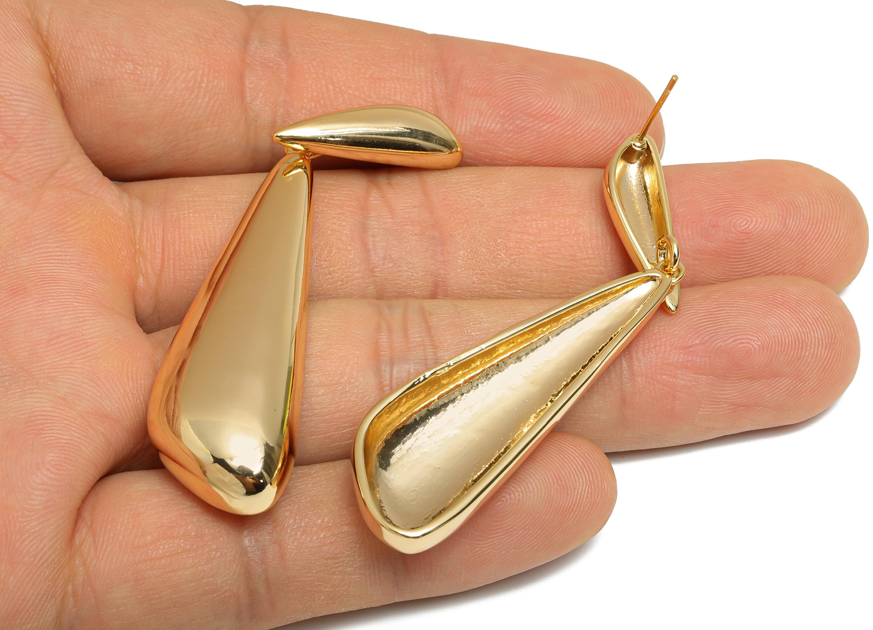 Brass Dangle Earring - Brass Teardrop Earring - Timeless Dangle Brass Chic Drop Earring Stud - 18K Real Gold Plating - 64x15x6mm - RGP10393 - DOMEDBAZAAR