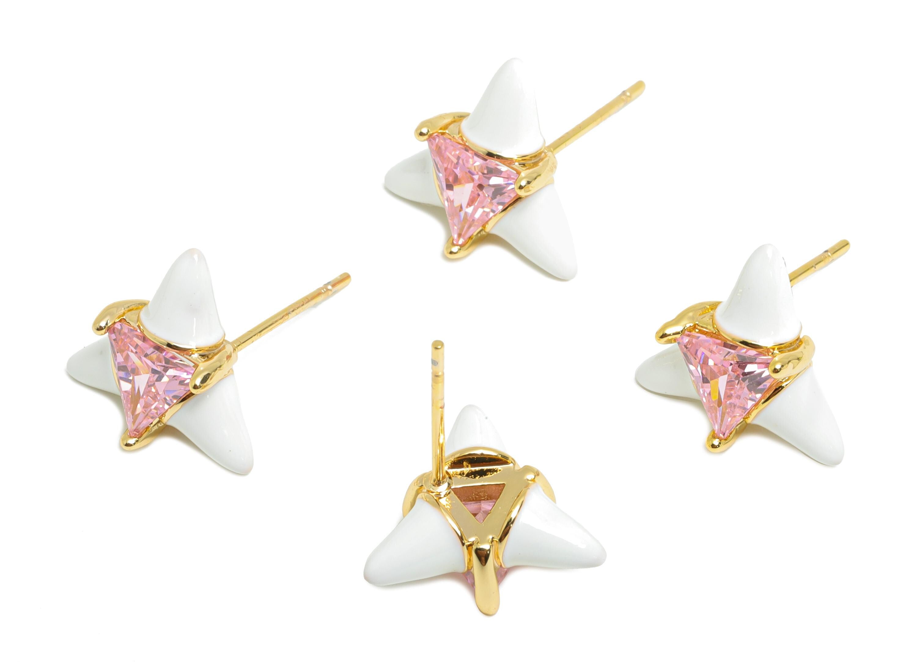 Chic Triangle Stud Earring - Brass White Enamel Bold Earring - Vibrant Cubic Zircon Jewelry - 18k Real Gold Plated - 12x12x5mm - RGP10389B - DOMEDBAZAAR